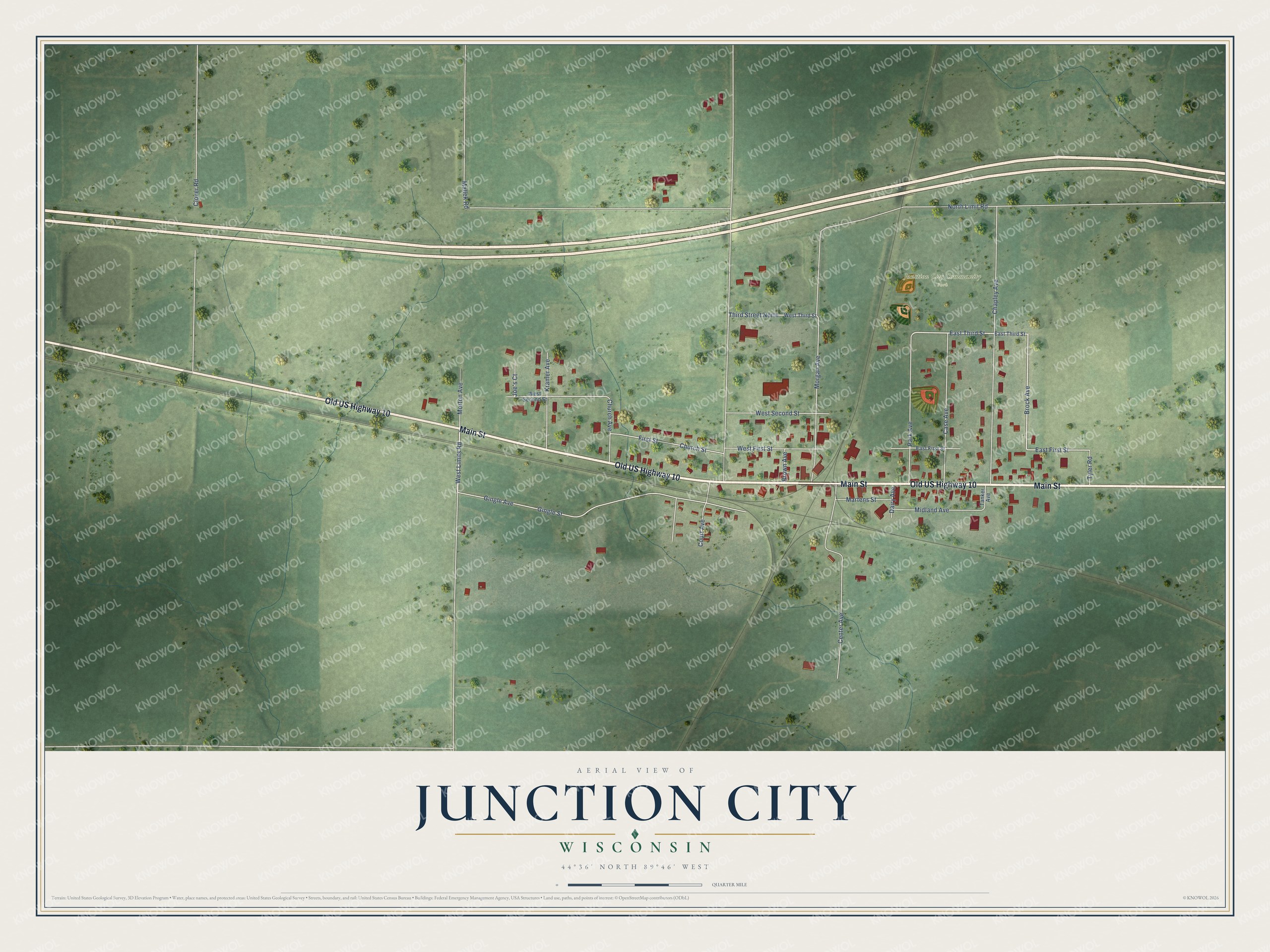 Full map of Junction City, Wisconsin, with red buildings, printed street names and the land around them