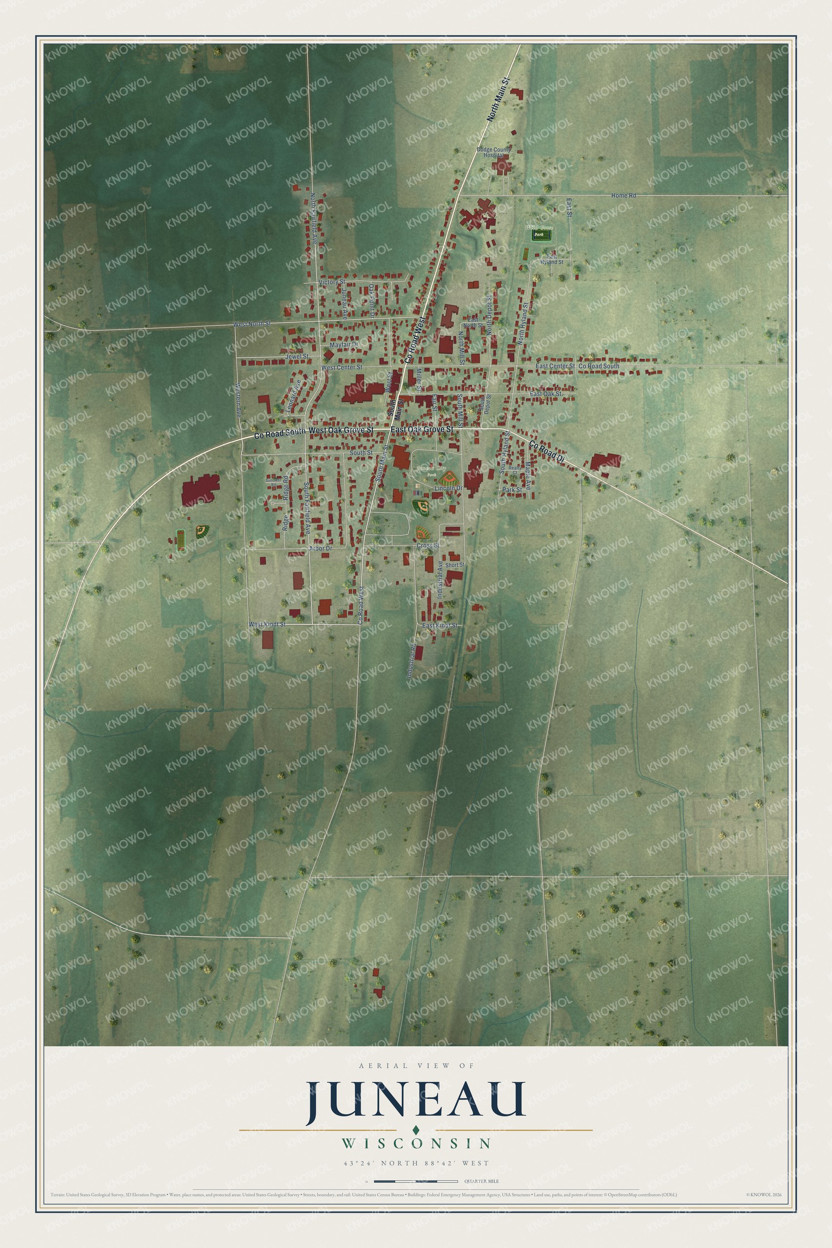 Full map of Juneau, Wisconsin, with red buildings, printed street names and the land around them