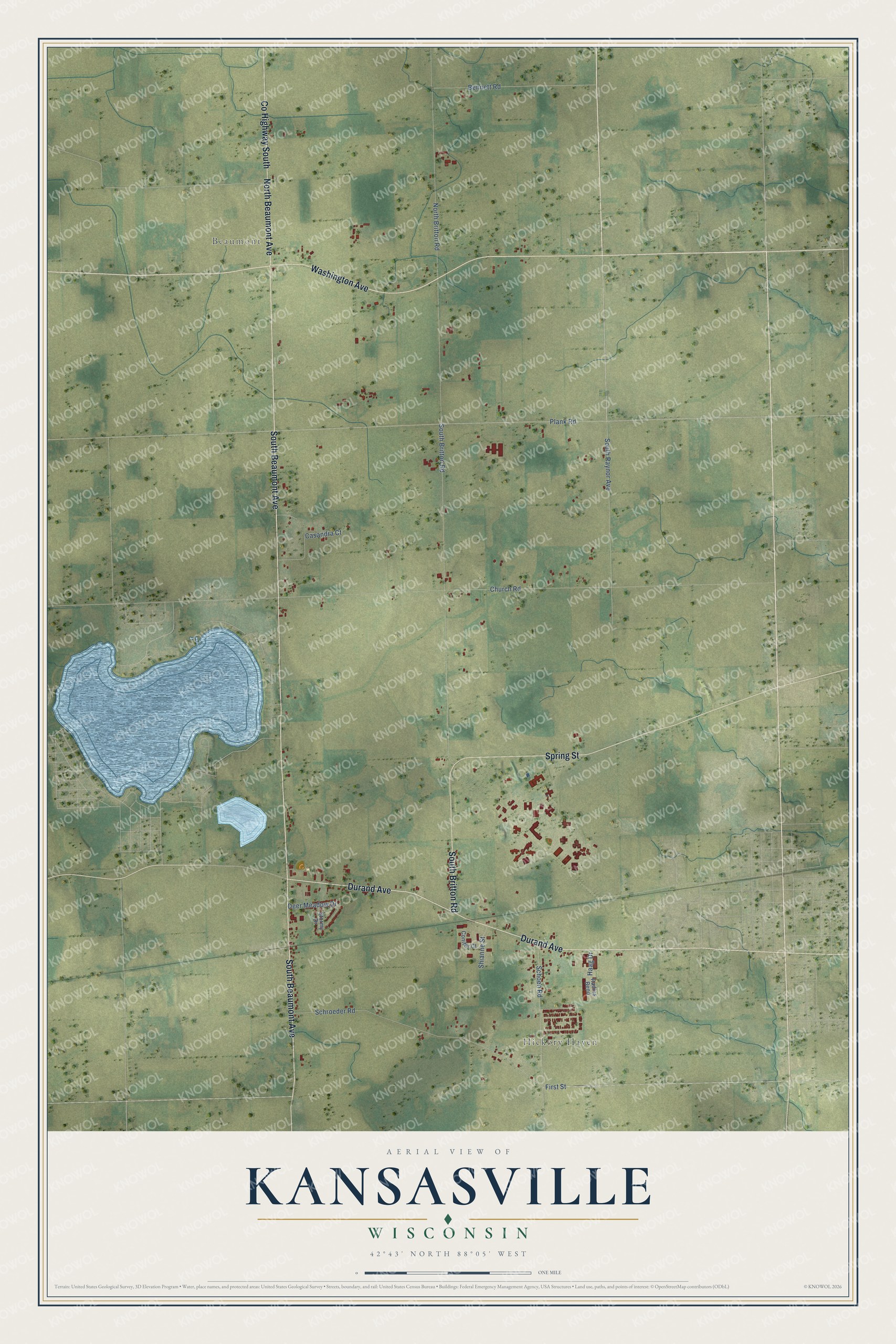 Full map of Kansasville, Wisconsin, with red buildings, printed street names and the land around them