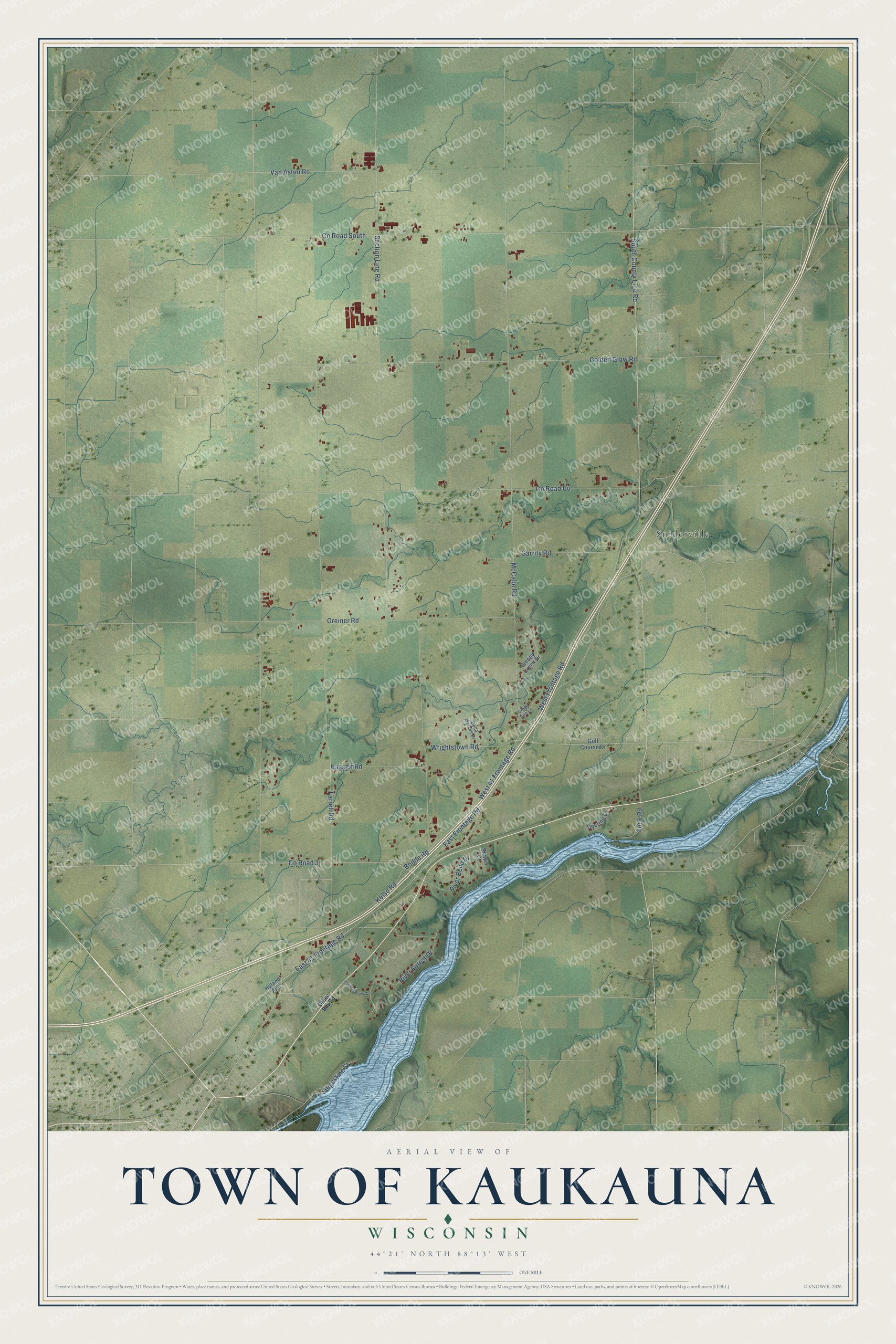 Full map of Kaukauna, Wisconsin, with red buildings, printed street names and the land around them