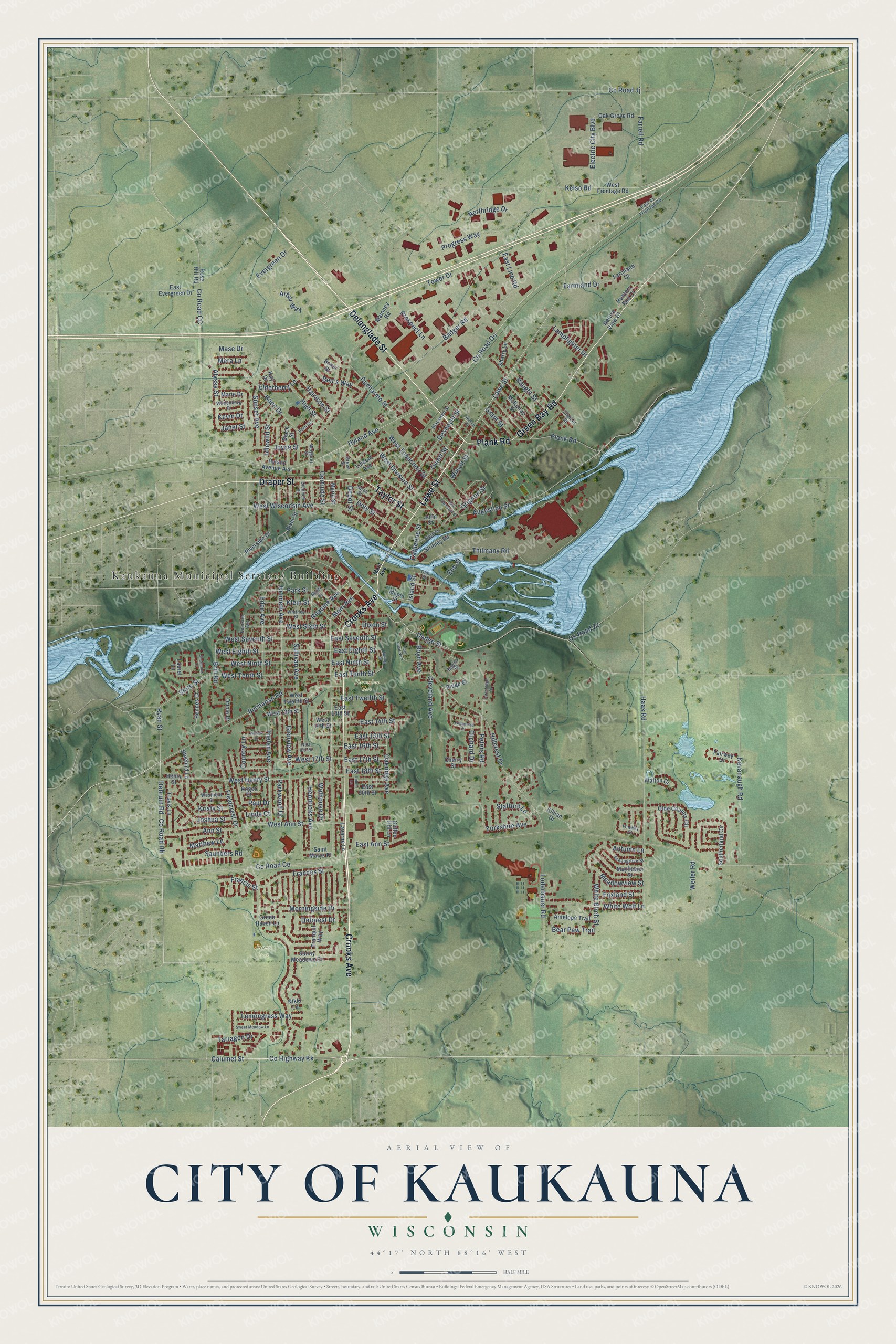 Full map of Kaukauna, Wisconsin, with red buildings, printed street names and the land around them