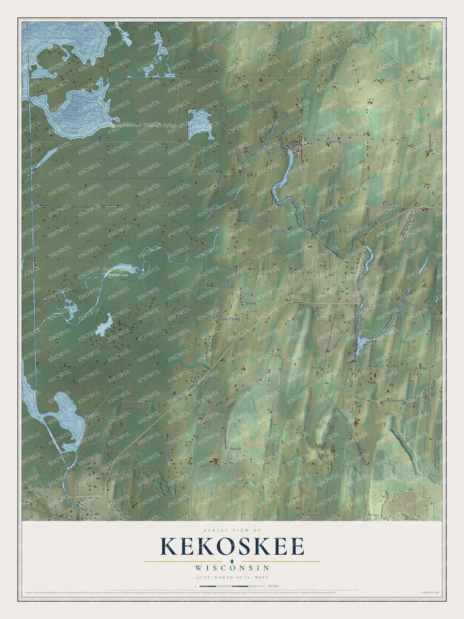 Full map of Kekoskee, Wisconsin, with red buildings, printed street names and the land around them