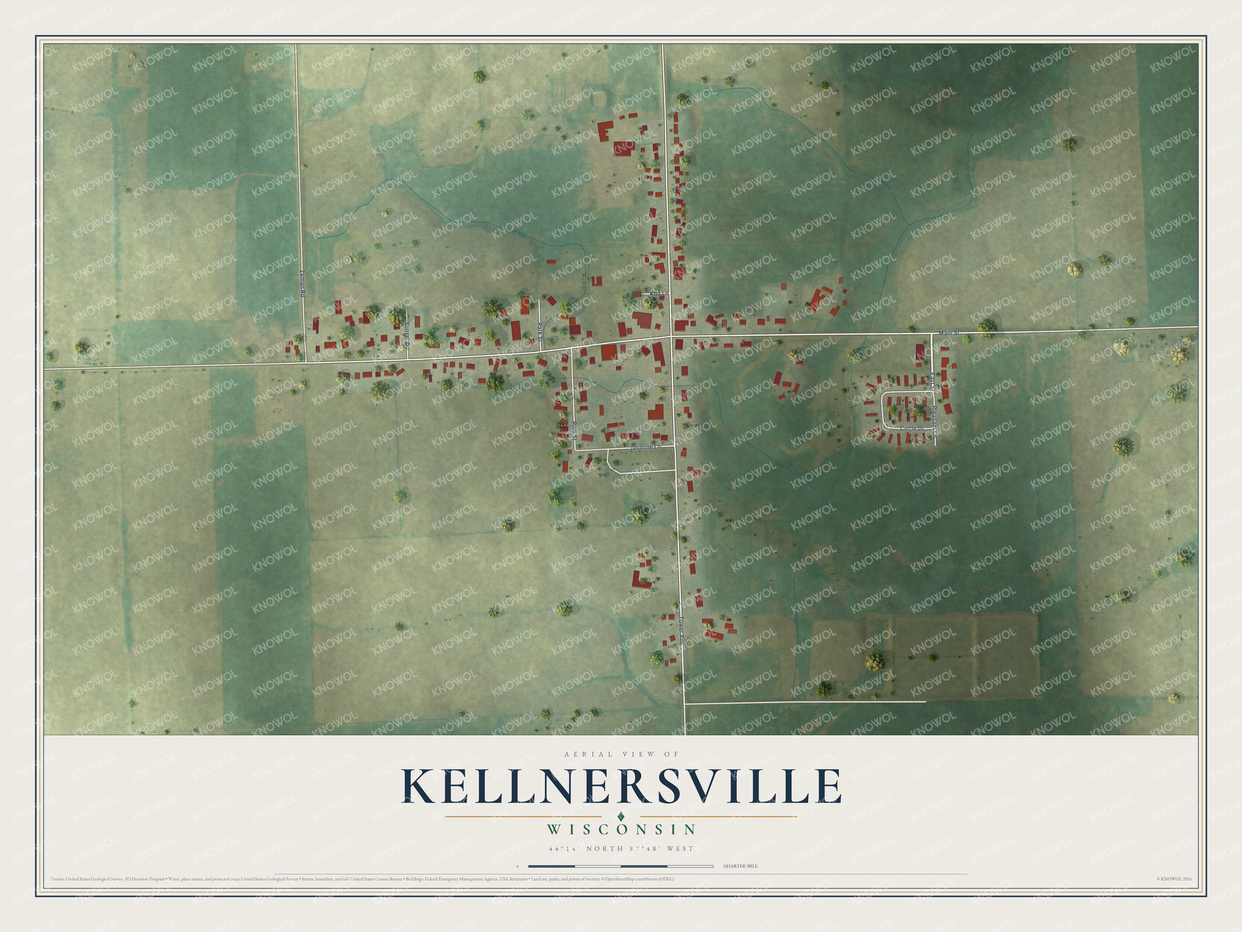 Full map of Kellnersville, Wisconsin, with red buildings, printed street names and the land around them