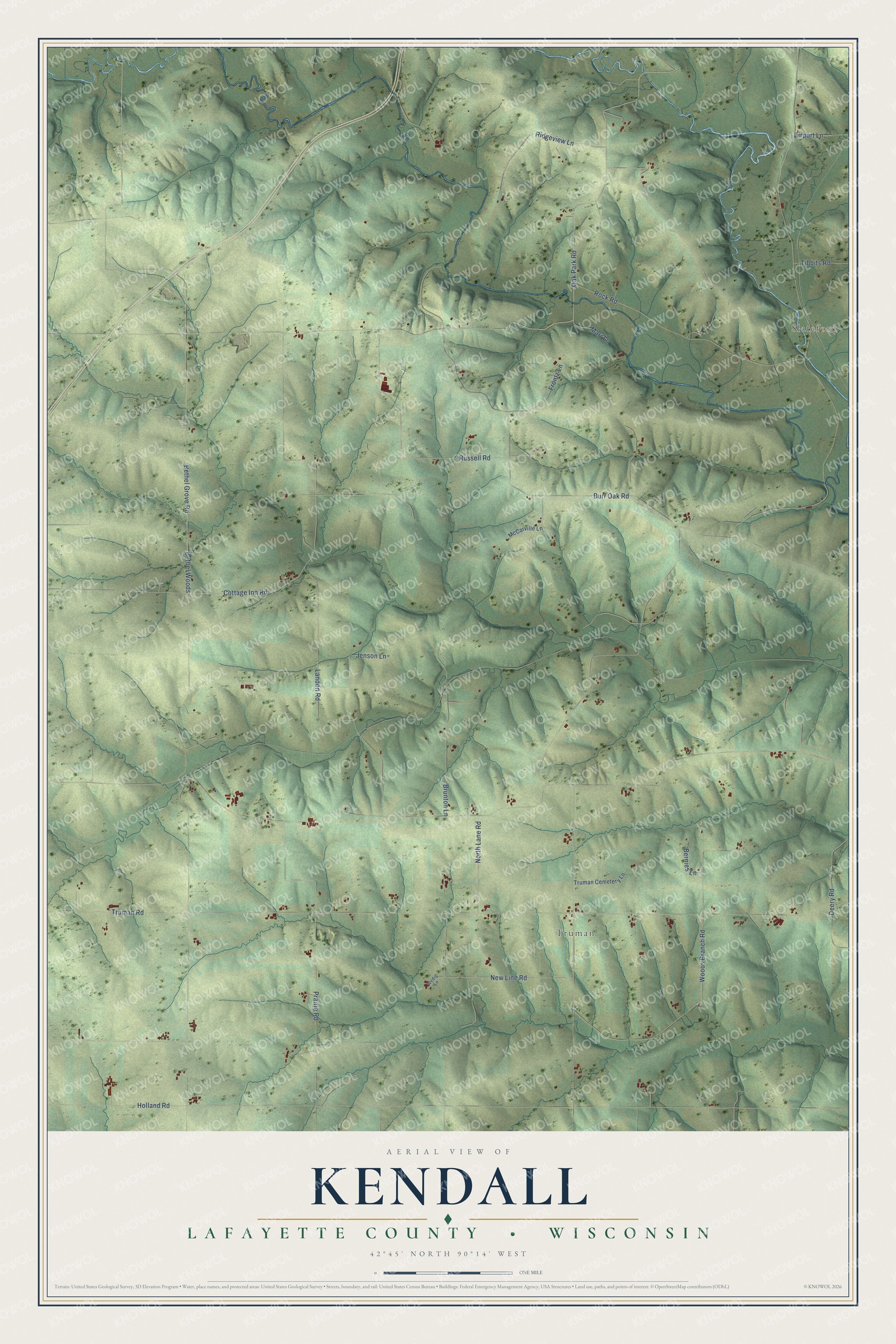 Full map of Kendall, Wisconsin, with red buildings, printed street names and the land around them