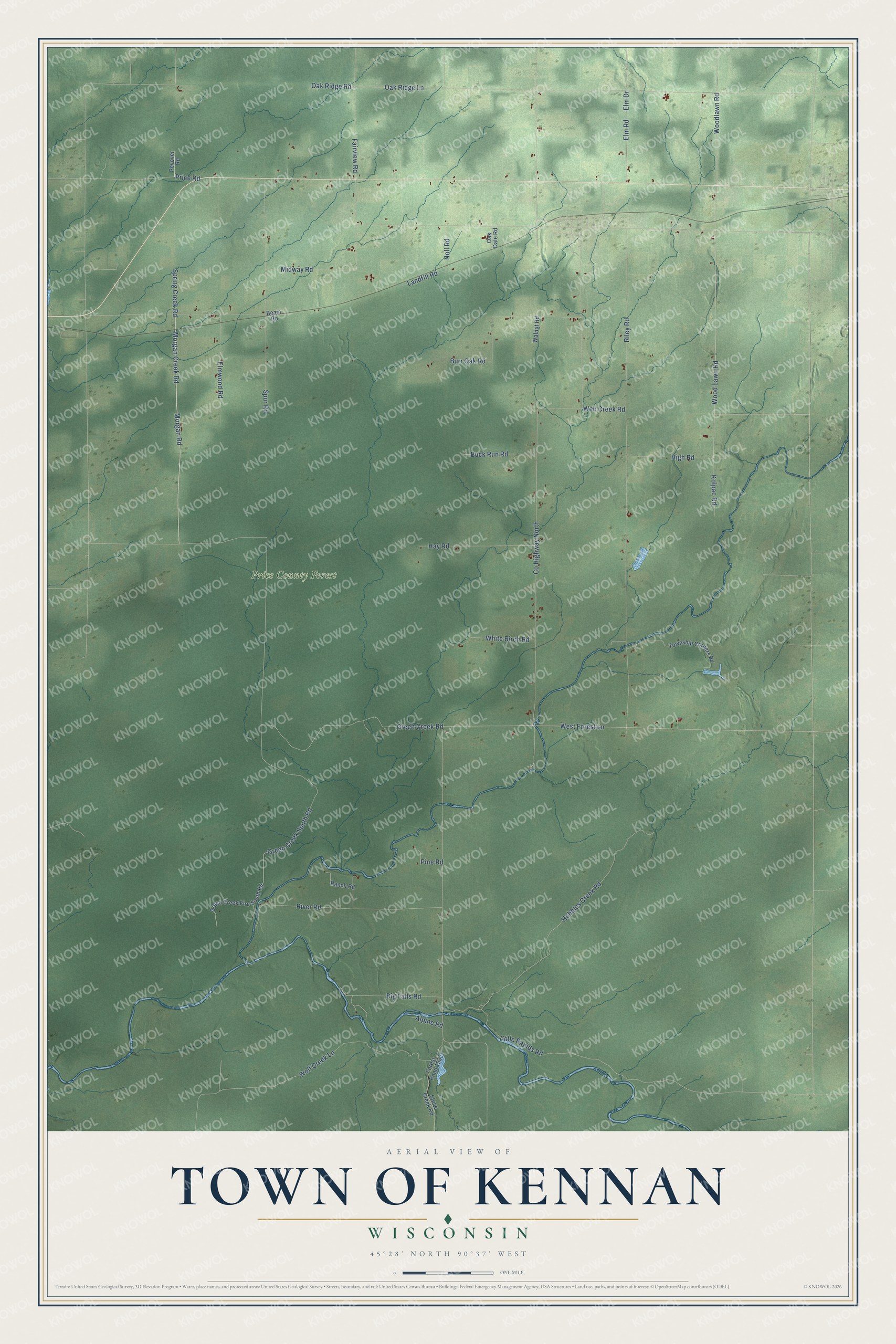 Full map of Kennan, Wisconsin, with red buildings, printed street names and the land around them