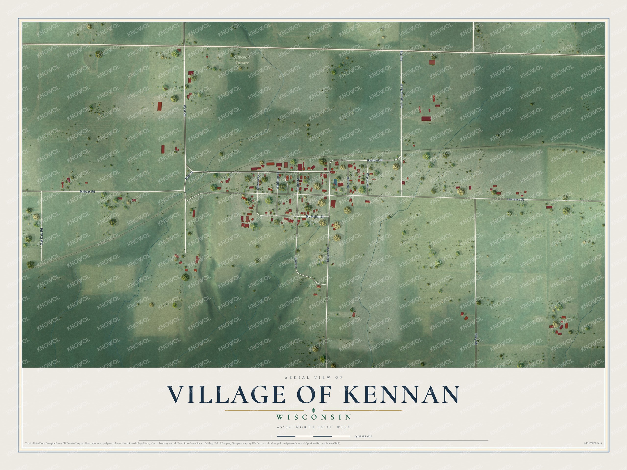 Full map of Kennan, Wisconsin, with red buildings, printed street names and the land around them