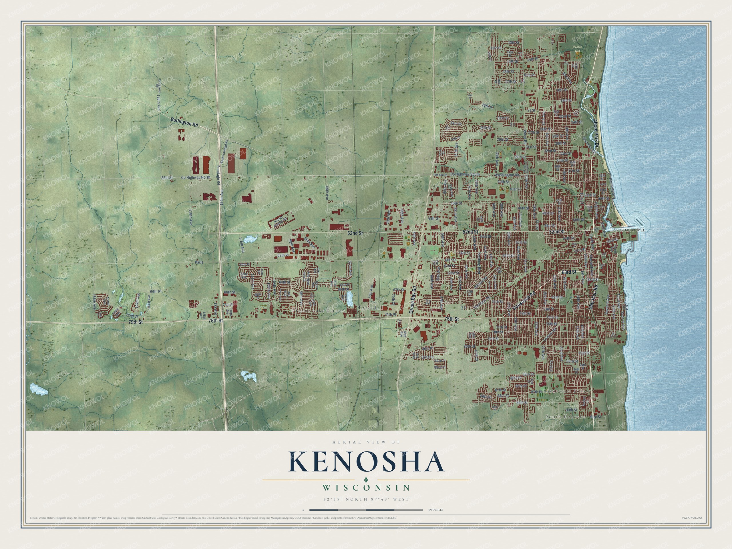 Full map of Kenosha, Wisconsin, with red buildings, printed street names and the land around them