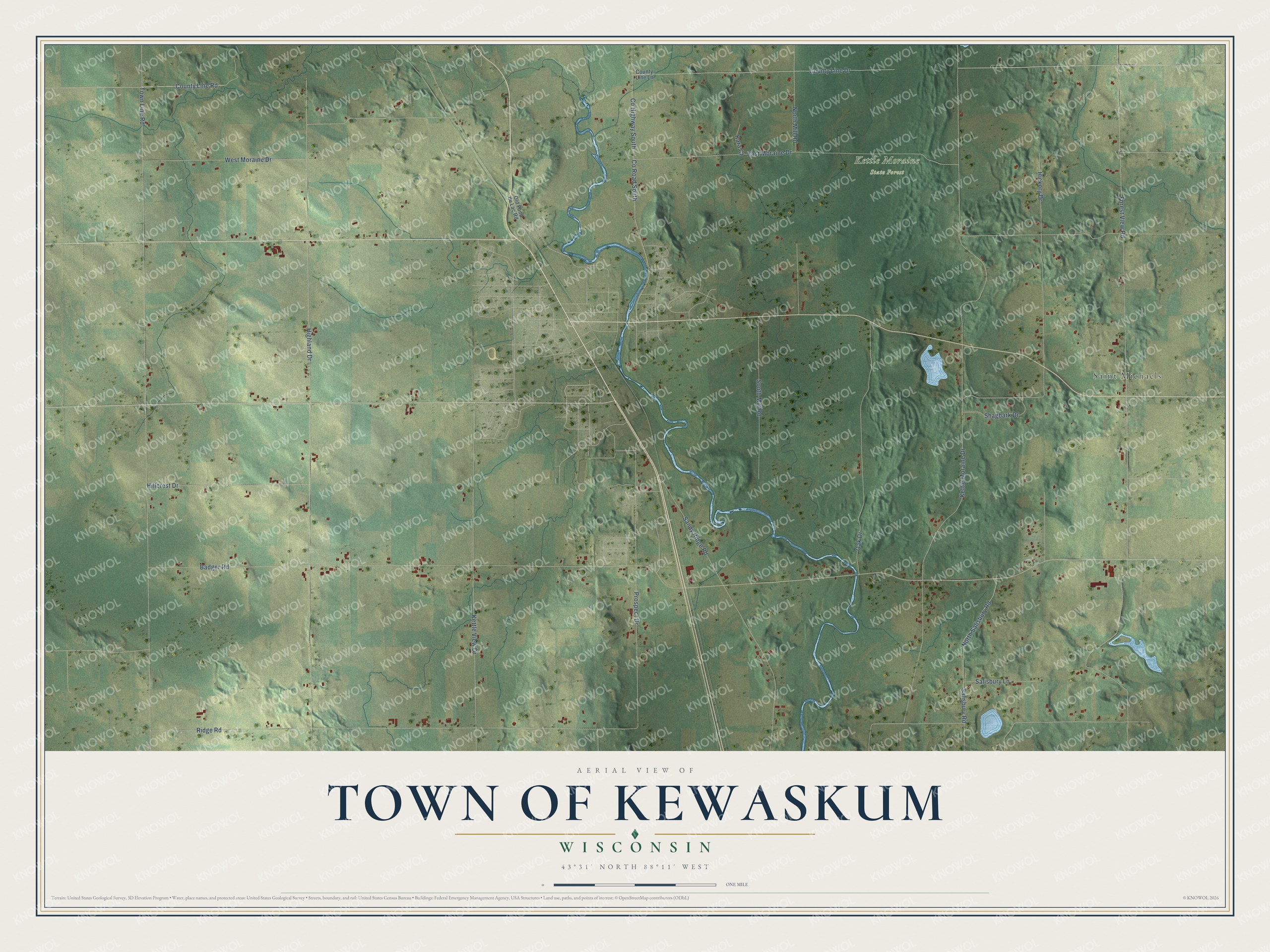 Full map of Kewaskum, Wisconsin, with red buildings, printed street names and the land around them