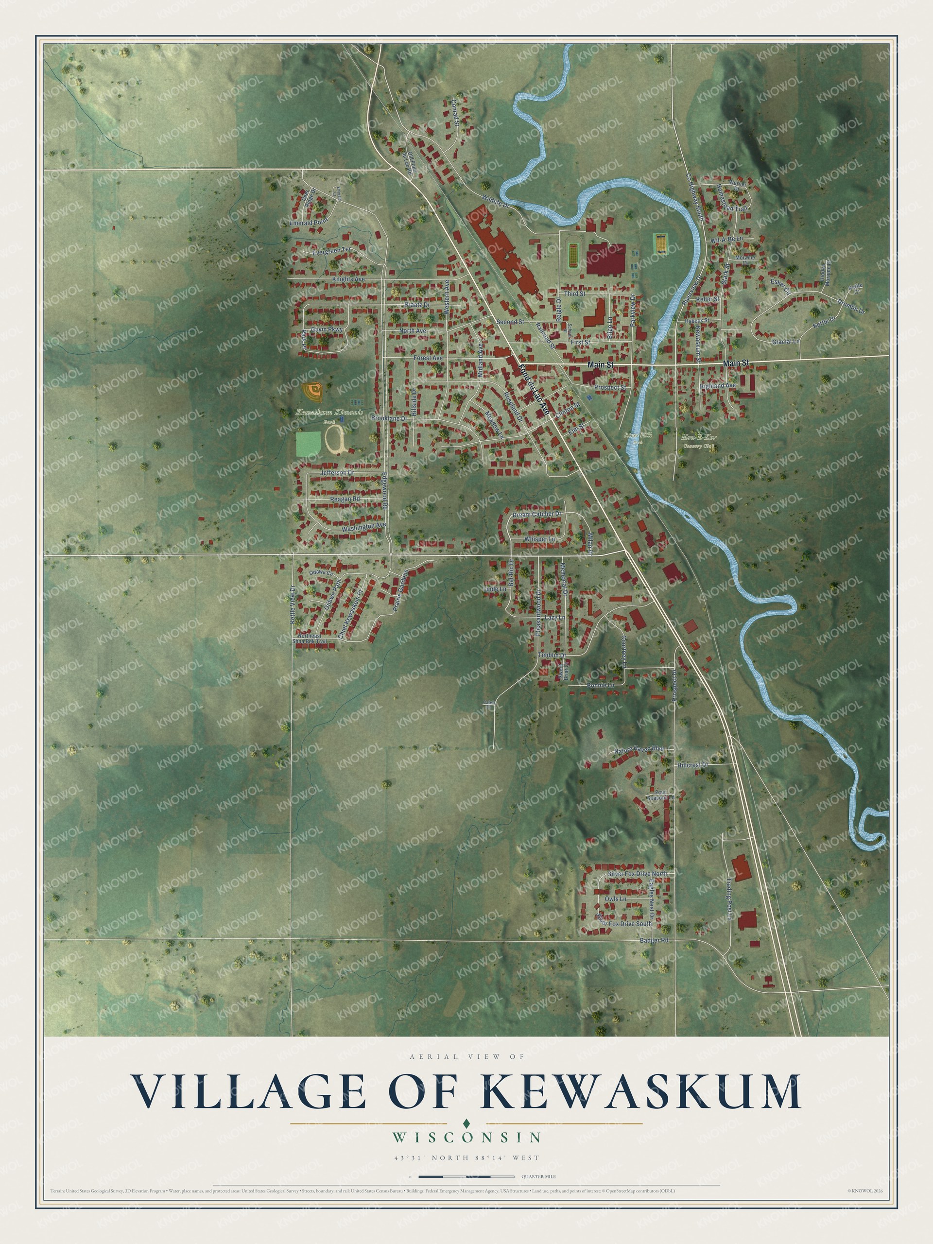 Full map of Kewaskum, Wisconsin, with red buildings, printed street names and the land around them