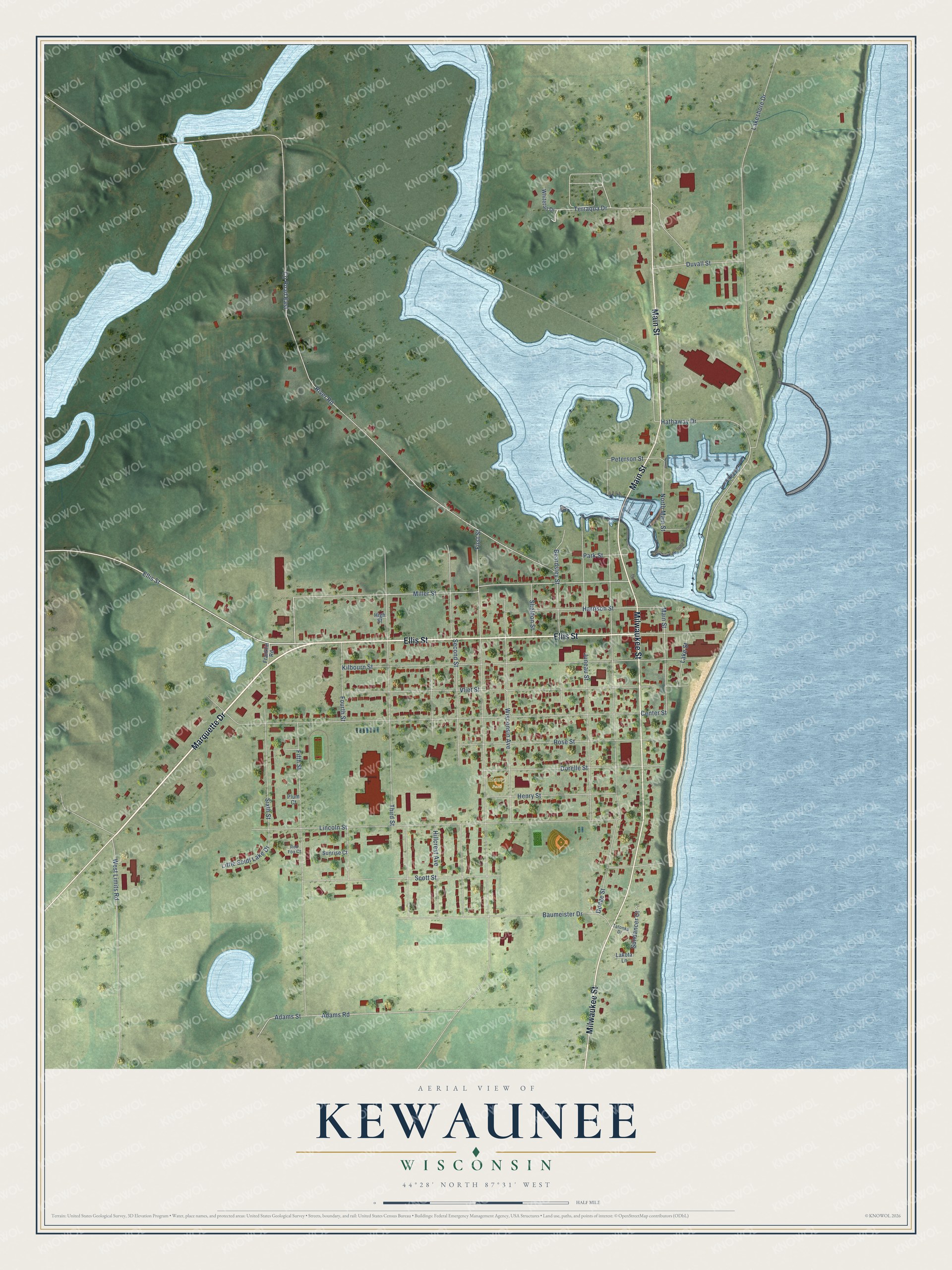 Full map of Kewaunee, Wisconsin, with red buildings, printed street names and the land around them