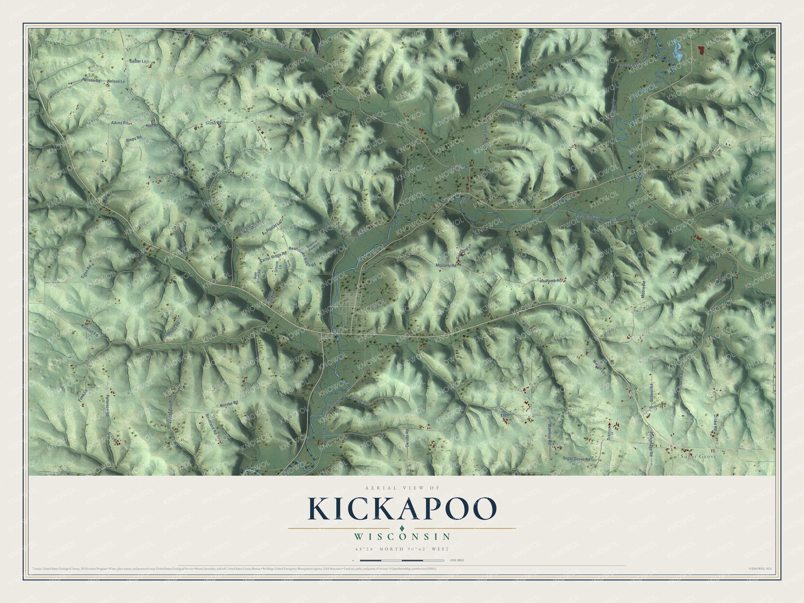 Full map of Kickapoo, Wisconsin, with red buildings, printed street names and the land around them