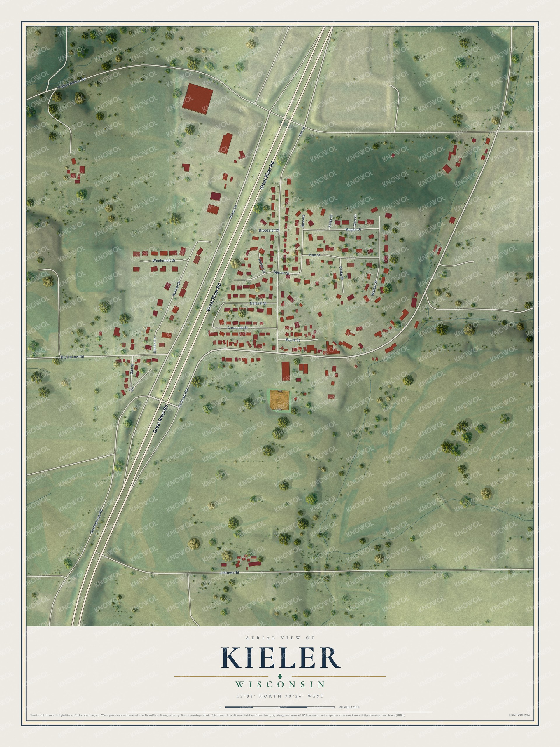 Full map of Kieler, Wisconsin, with red buildings, printed street names and the land around them