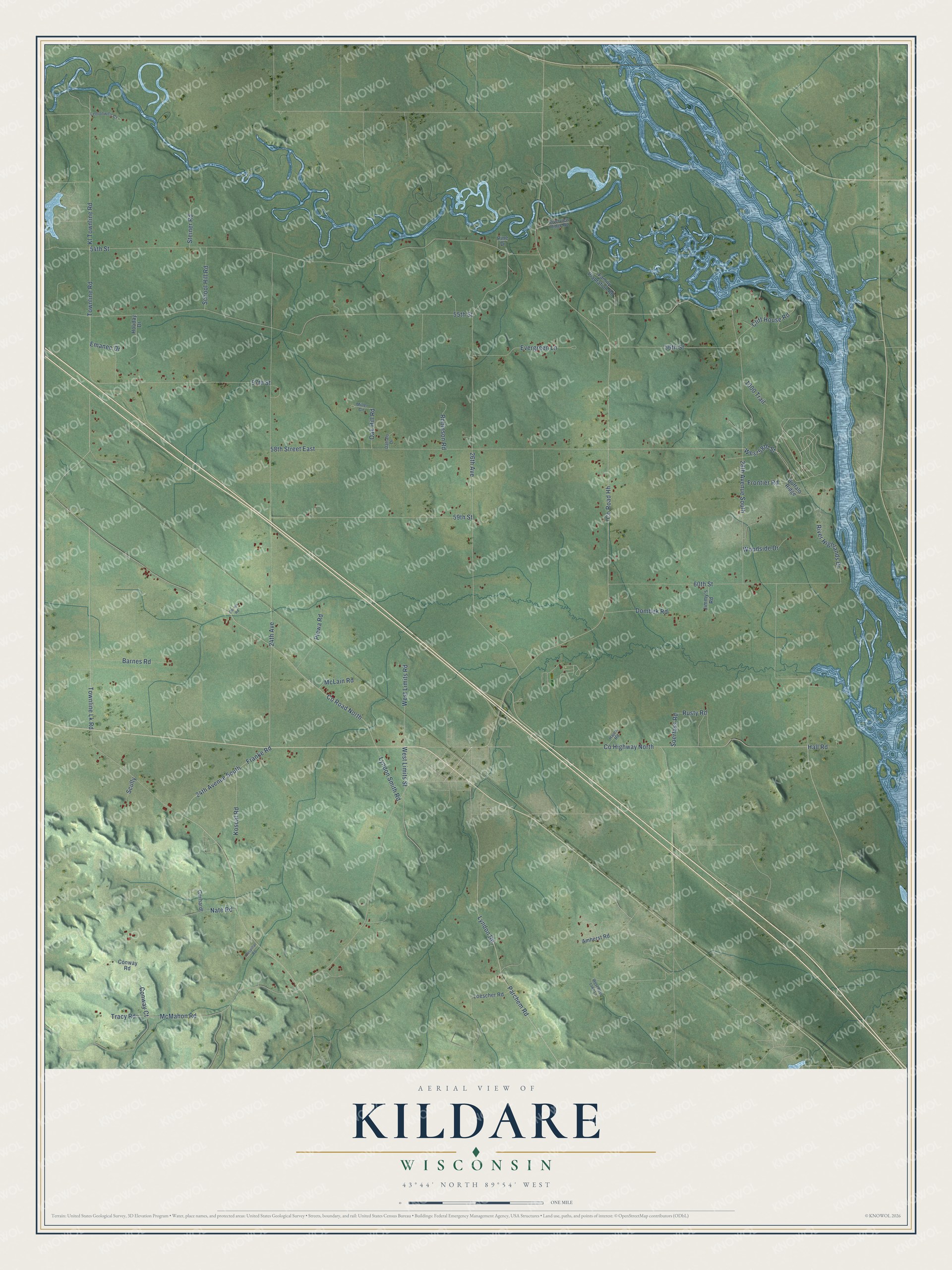 Full map of Kildare, Wisconsin, with red buildings, printed street names and the land around them