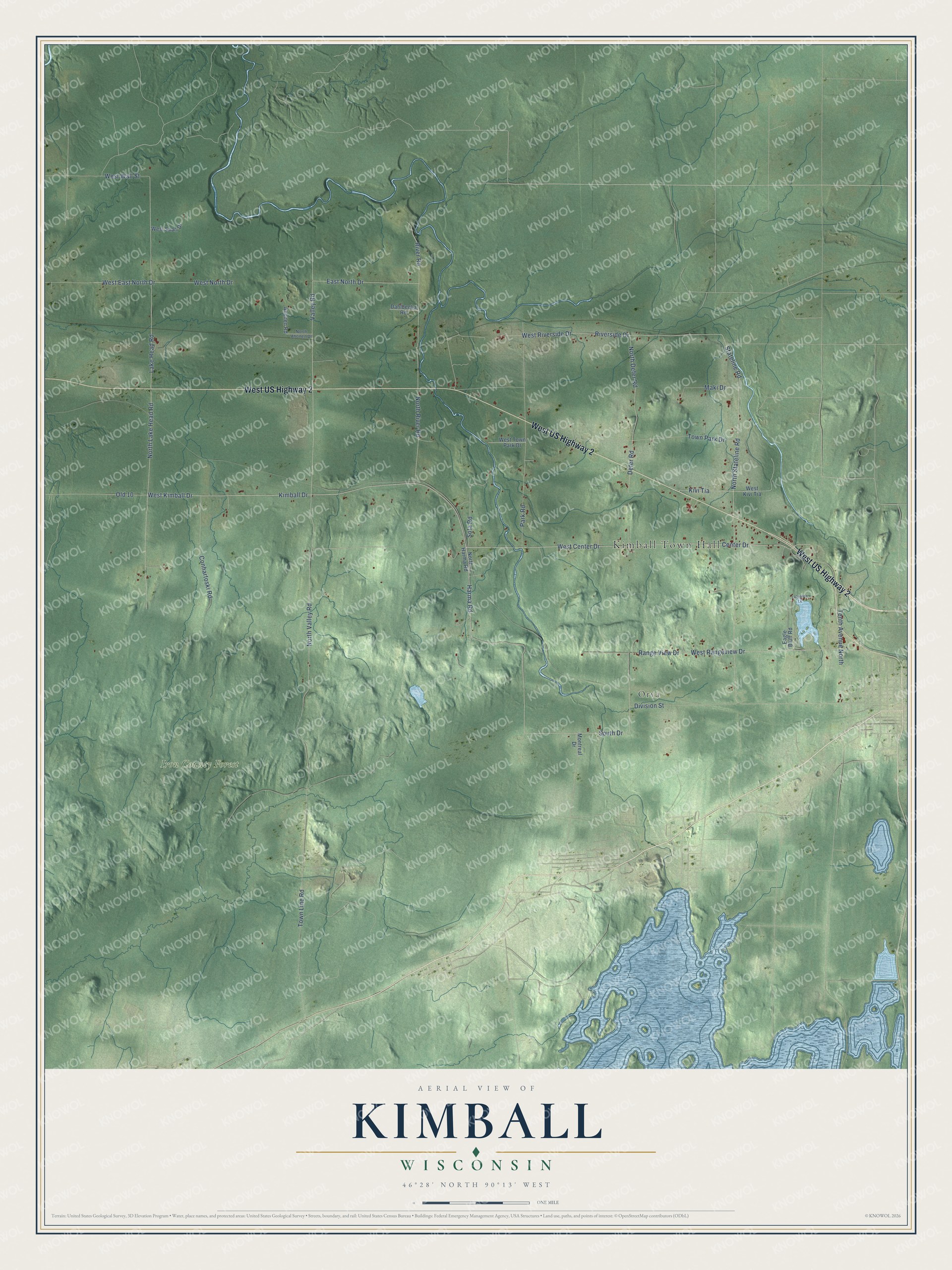 Full map of Kimball, Wisconsin, with red buildings, printed street names and the land around them
