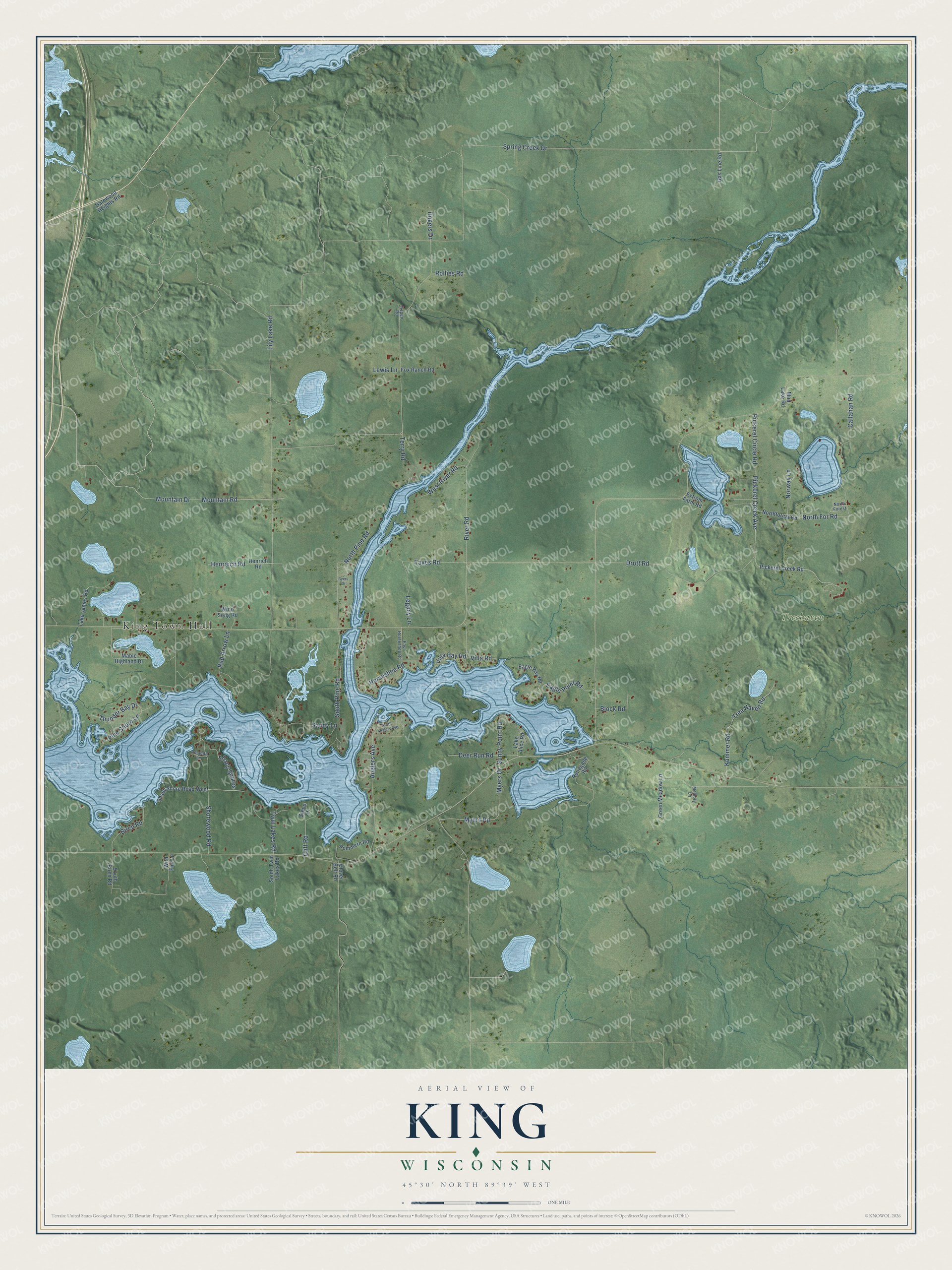 Full map of King, Wisconsin, with red buildings, printed street names and the land around them