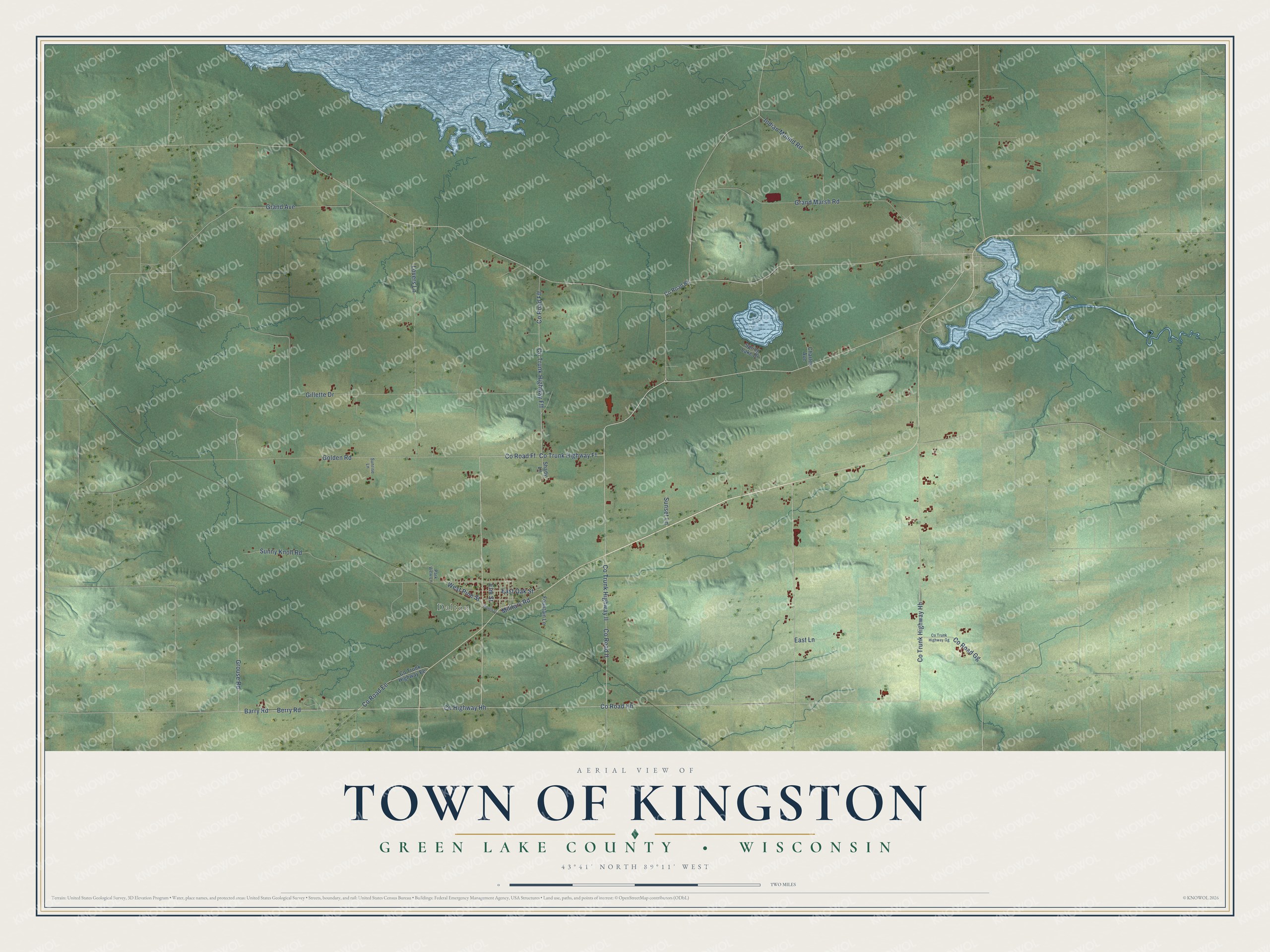 Full map of Kingston, Wisconsin, with red buildings, printed street names and the land around them