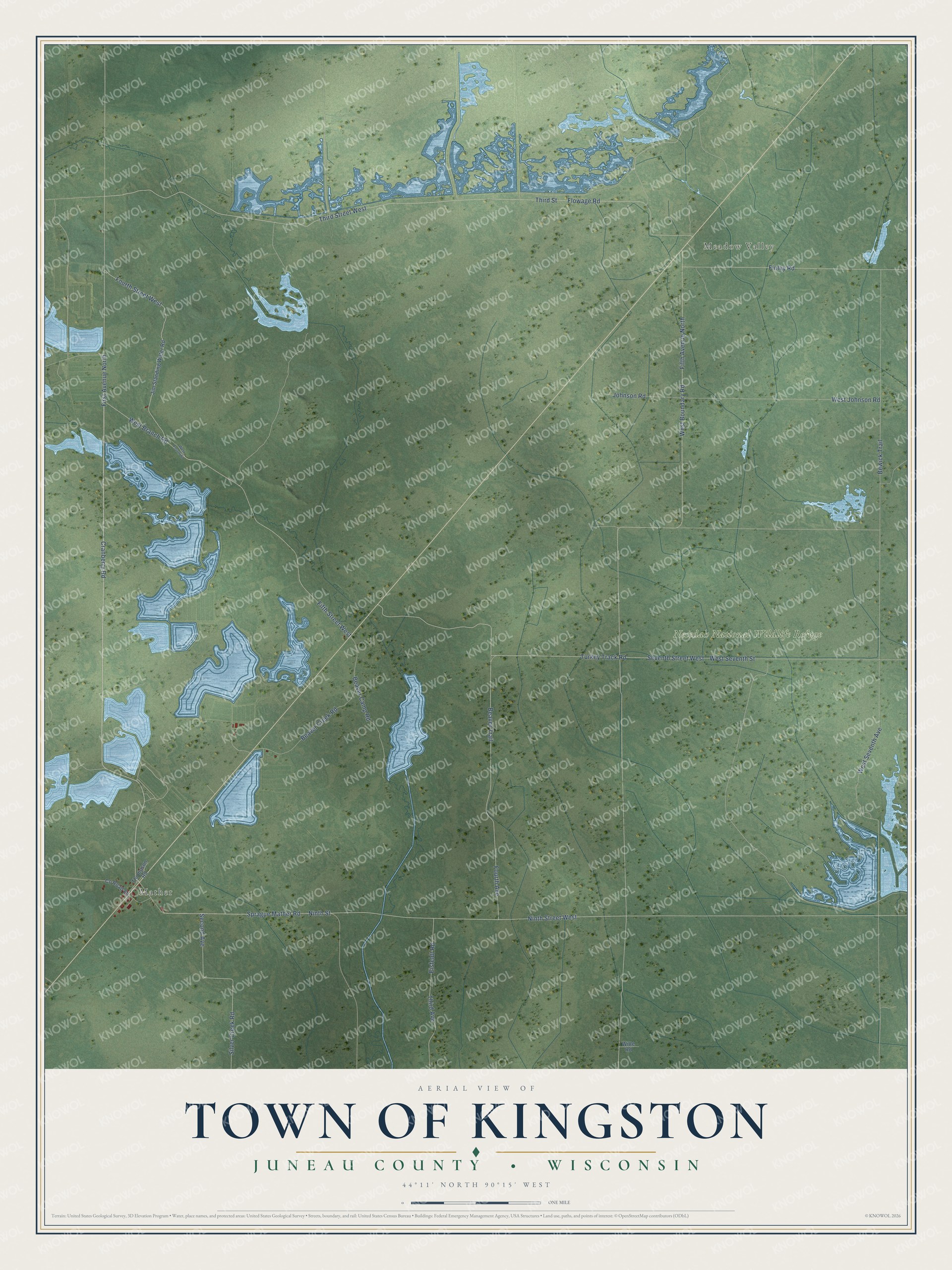 Full map of Kingston, Wisconsin, with red buildings, printed street names and the land around them