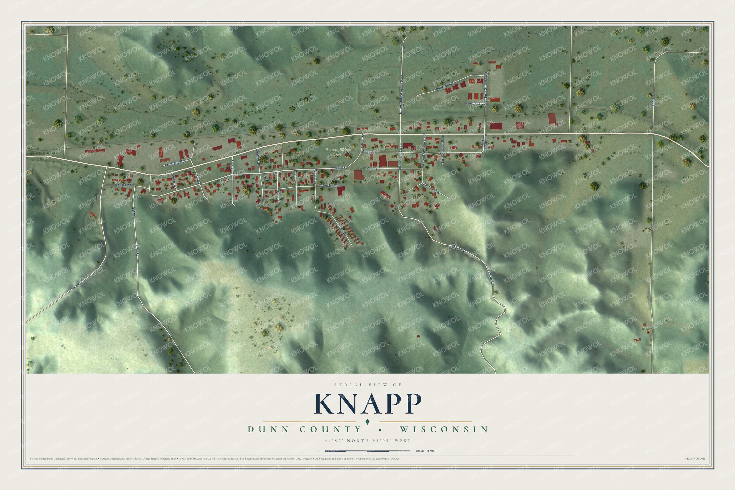 Full map of Knapp, Wisconsin, with red buildings, printed street names and the land around them
