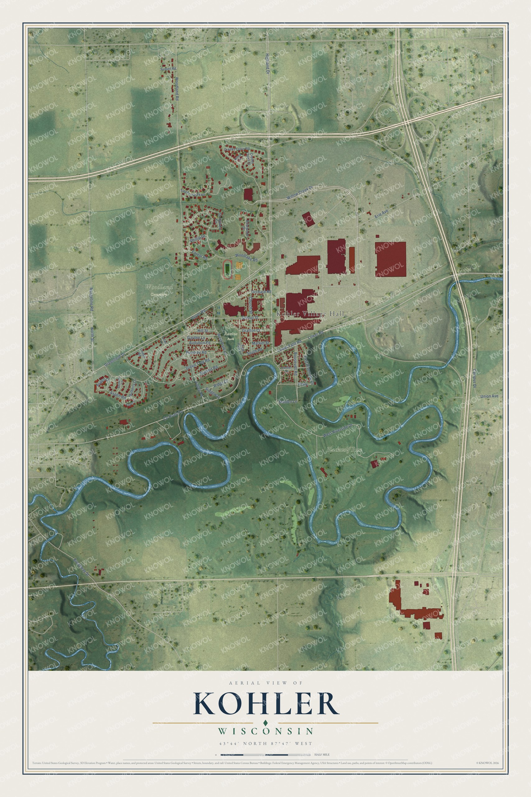 Full map of Kohler, Wisconsin, with red buildings, printed street names and the land around them