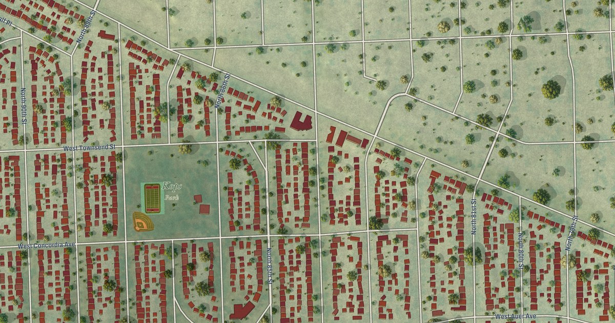 Close-up of streets and buildings in Kops Park, Wisconsin