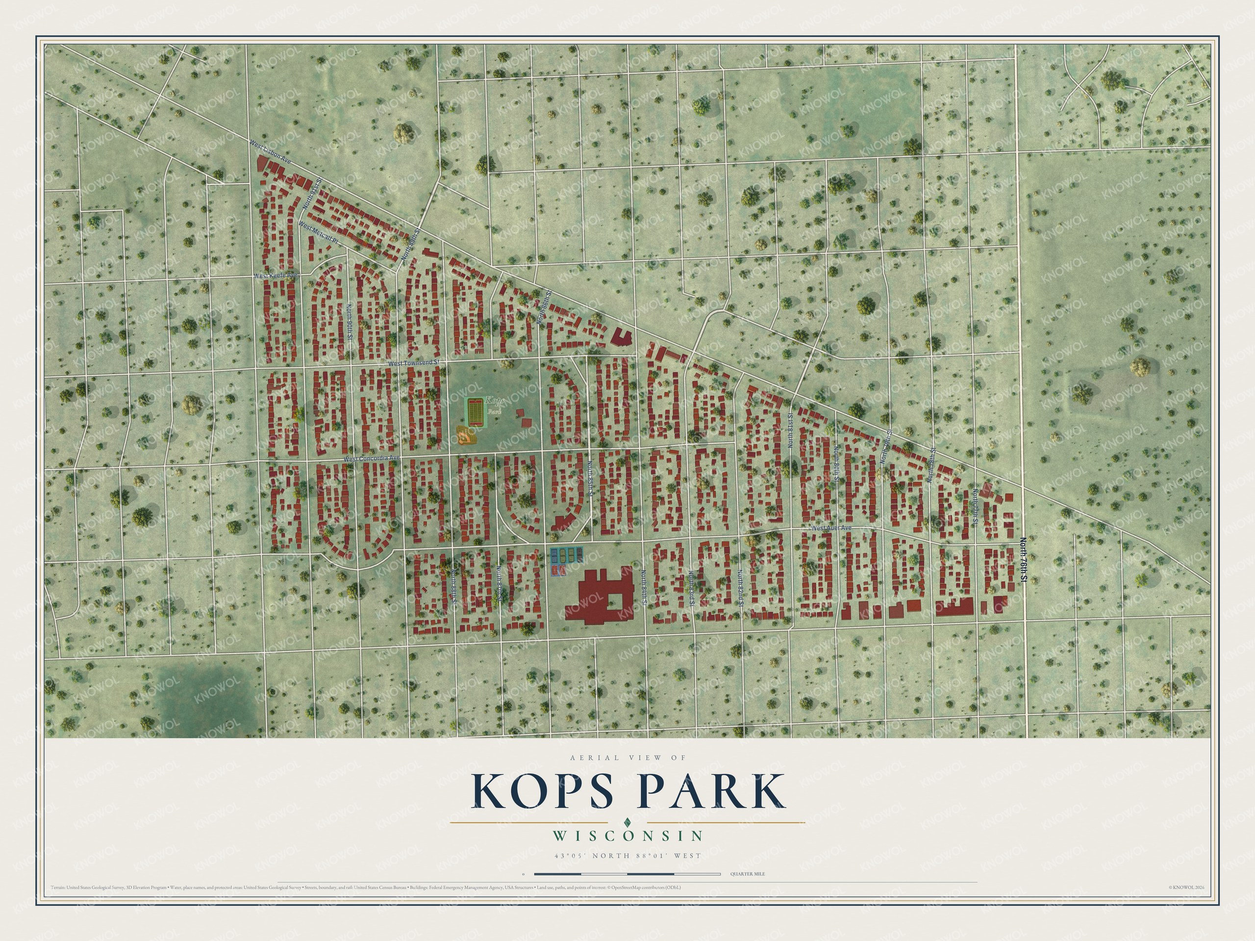 Full map of Kops Park, Wisconsin, with red buildings, printed street names and the land around them