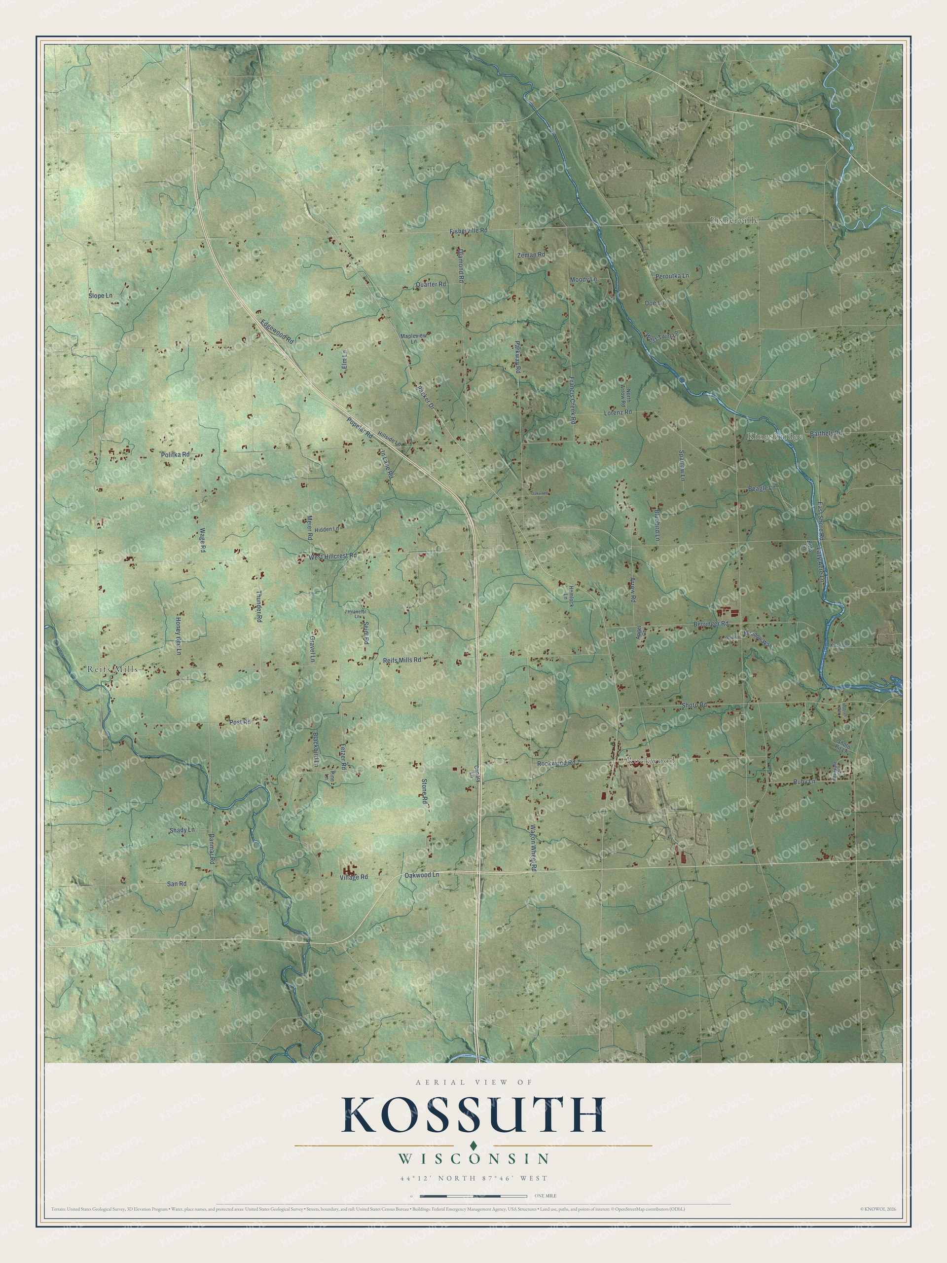 Full map of Kossuth, Wisconsin, with red buildings, printed street names and the land around them