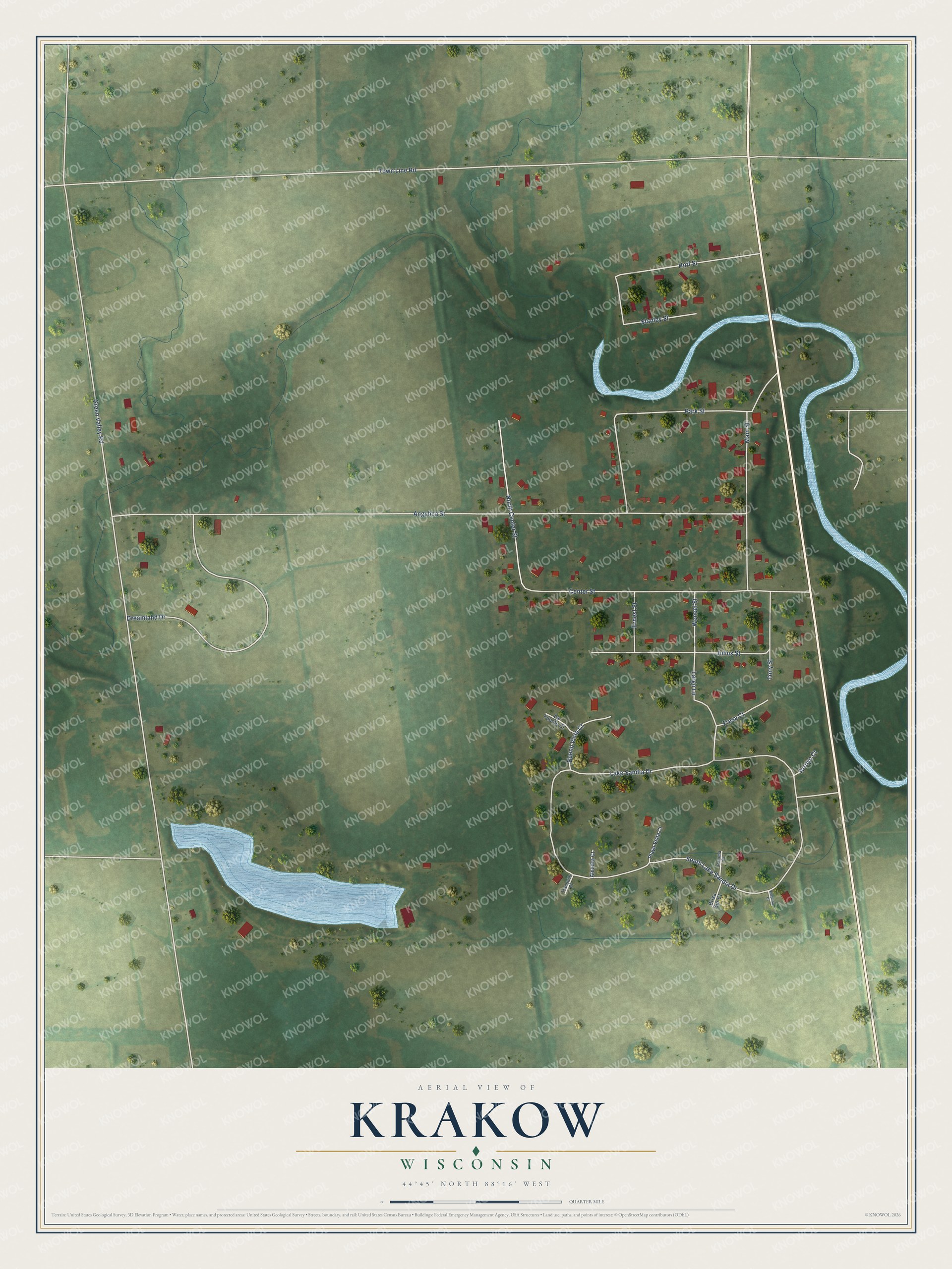 Full map of Krakow, Wisconsin, with red buildings, printed street names and the land around them