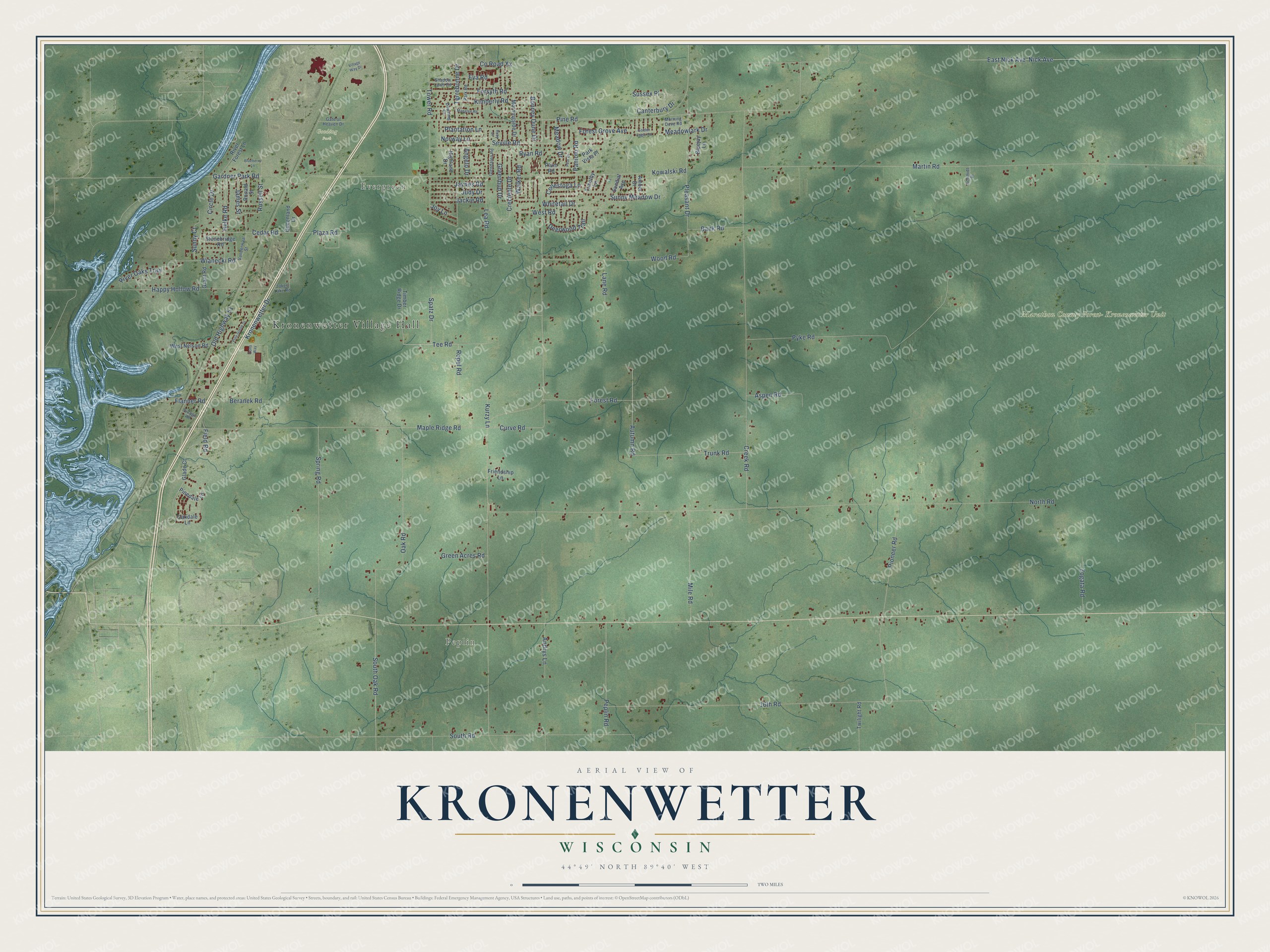 Full map of Kronenwetter, Wisconsin, with red buildings, printed street names and the land around them