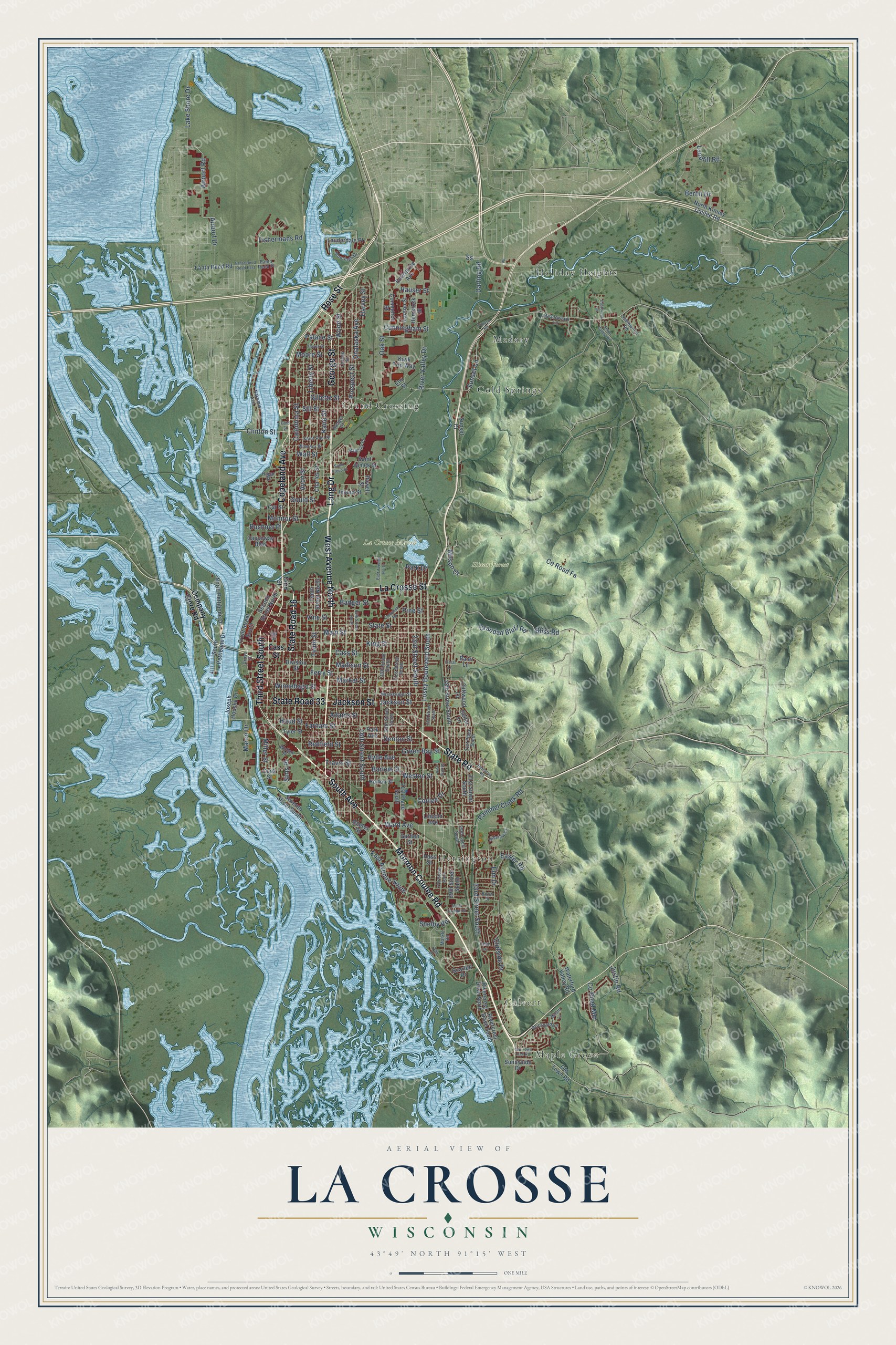Full map of La Crosse, Wisconsin, with red buildings, printed street names and the land around them