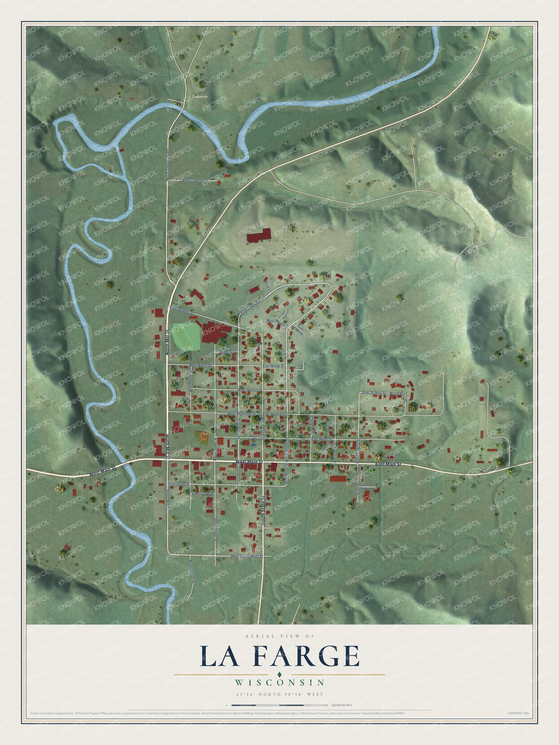 Full map of La Farge, Wisconsin, with red buildings, printed street names and the land around them