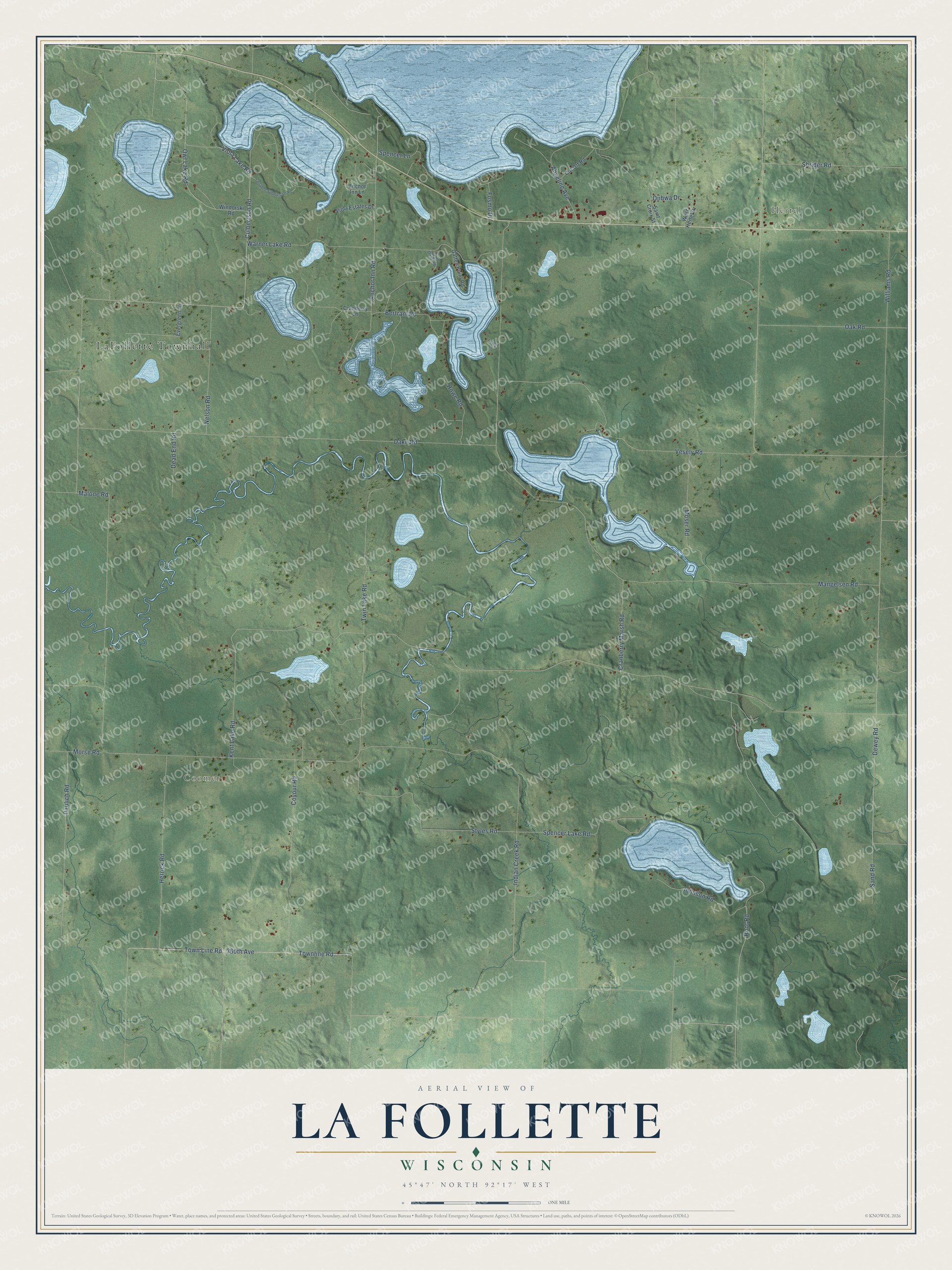 Full map of La Follette, Wisconsin, with red buildings, printed street names and the land around them