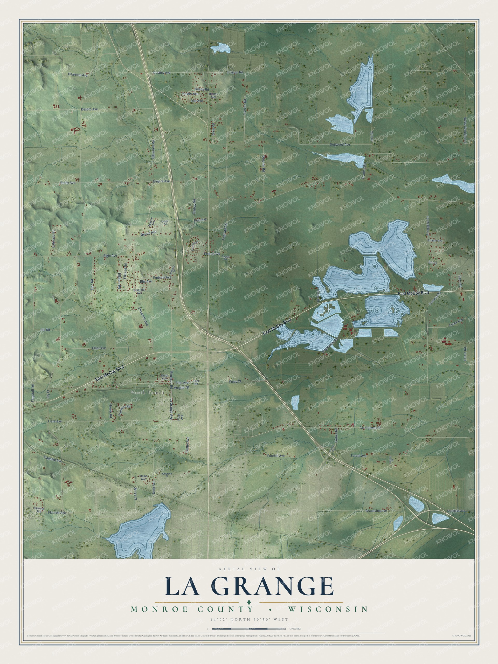 Full map of La Grange, Wisconsin, with red buildings, printed street names and the land around them