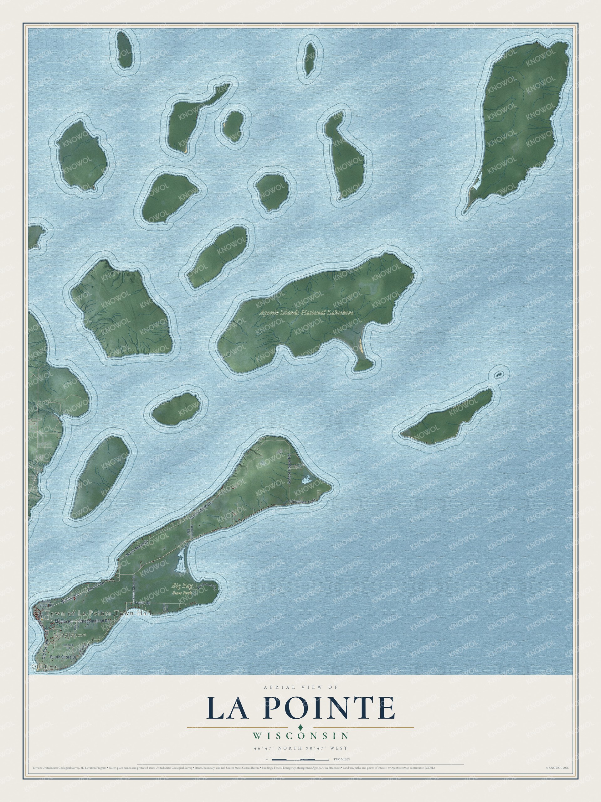 Full map of La Pointe, Wisconsin, with red buildings, printed street names and the land around them