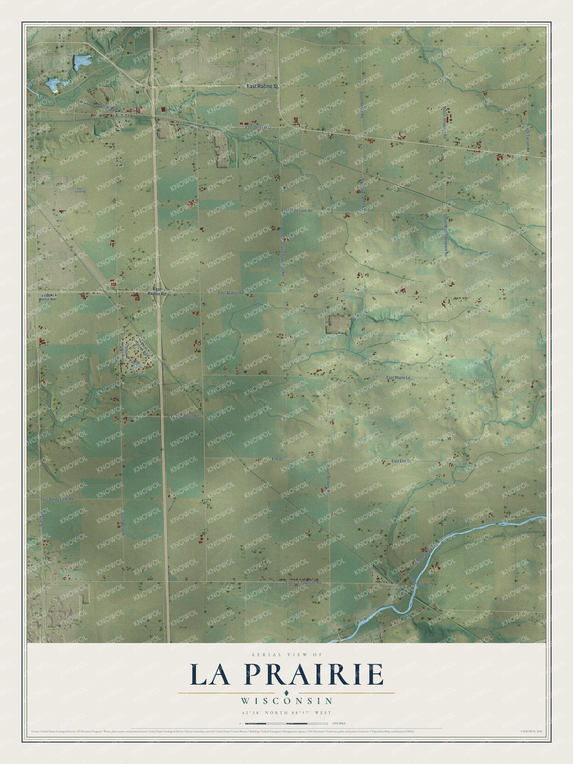 Full map of La Prairie, Wisconsin, with red buildings, printed street names and the land around them