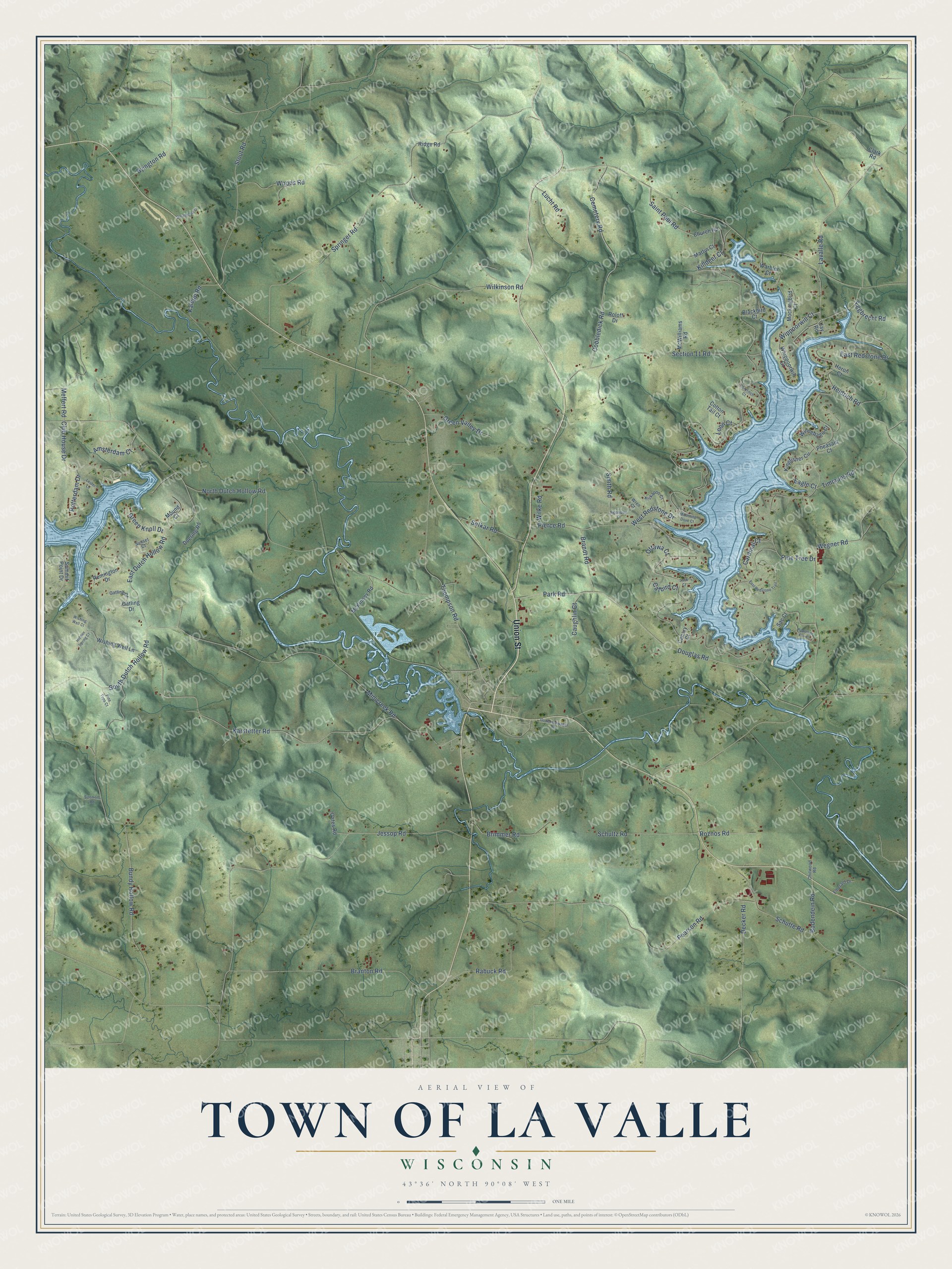 Full map of La Valle, Wisconsin, with red buildings, printed street names and the land around them