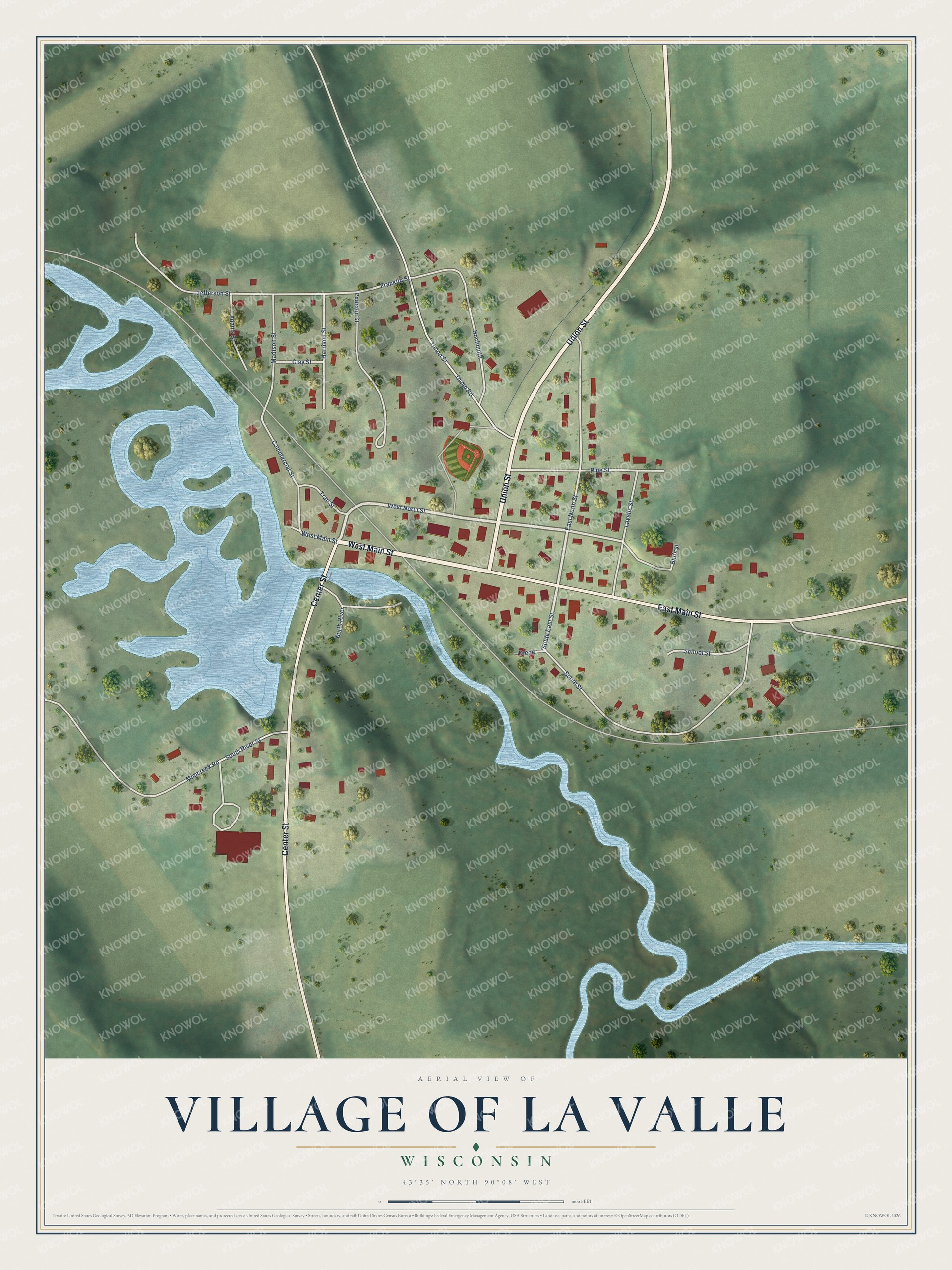 Full map of La Valle, Wisconsin, with red buildings, printed street names and the land around them