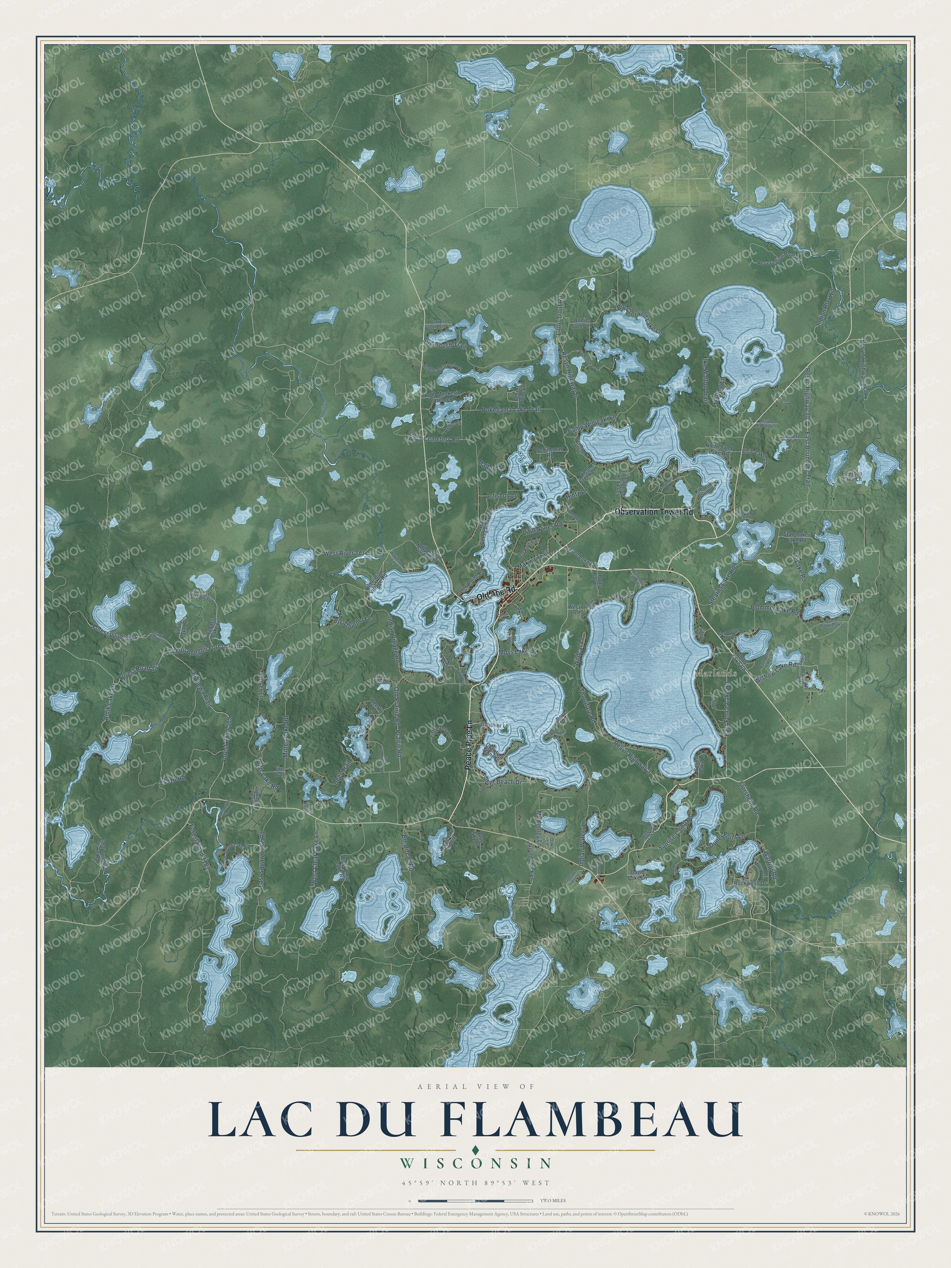 Full map of Lac du Flambeau, Wisconsin, with red buildings, printed street names and the land around them