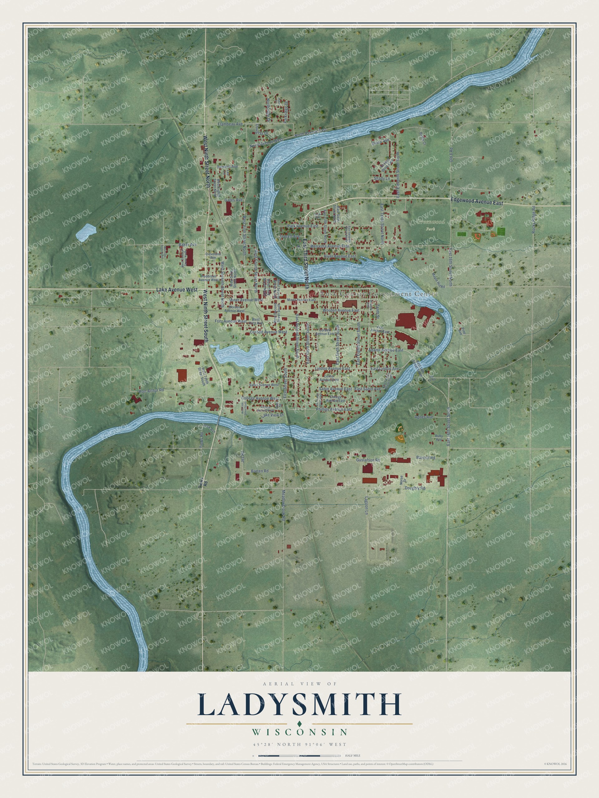 Full map of Ladysmith, Wisconsin, with red buildings, printed street names and the land around them