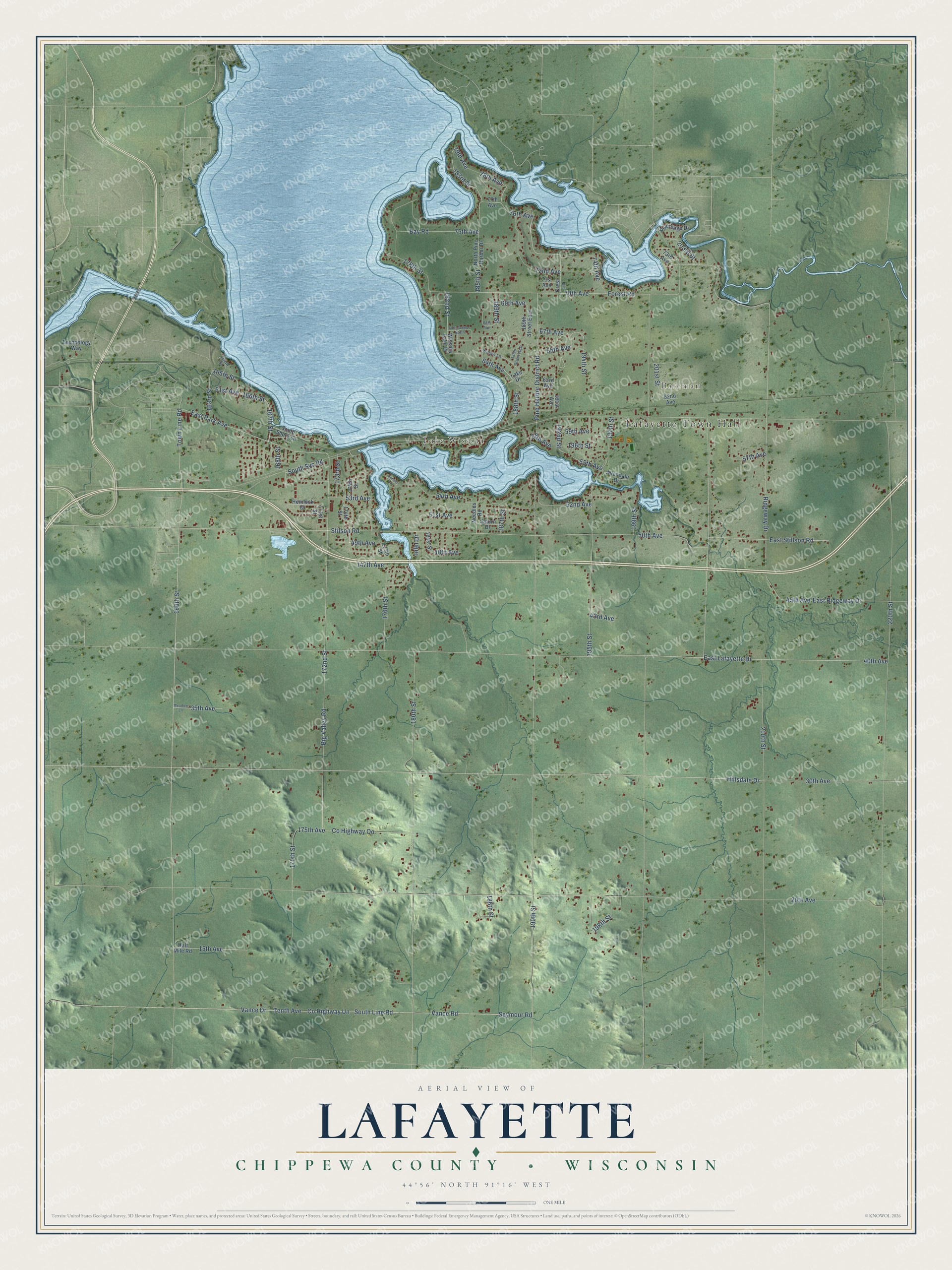 Full map of Lafayette, Wisconsin, with red buildings, printed street names and the land around them