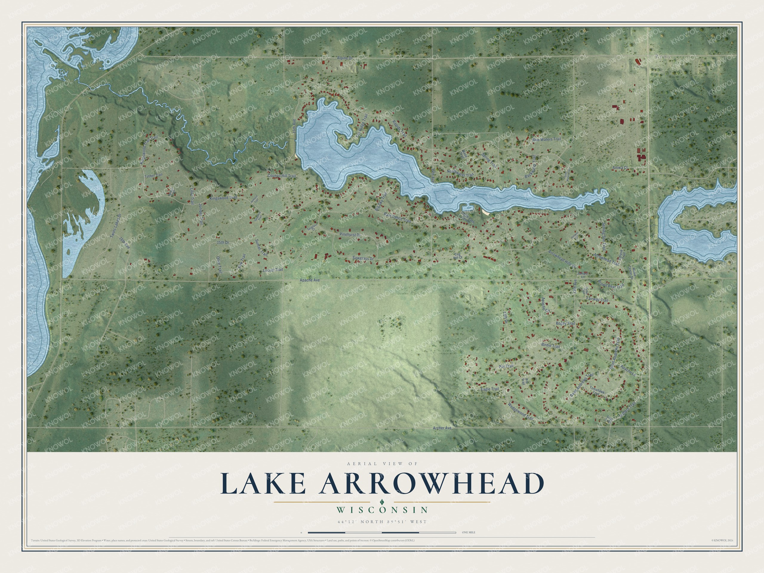 Full map of Lake Arrowhead, Wisconsin, with red buildings, printed street names and the land around them