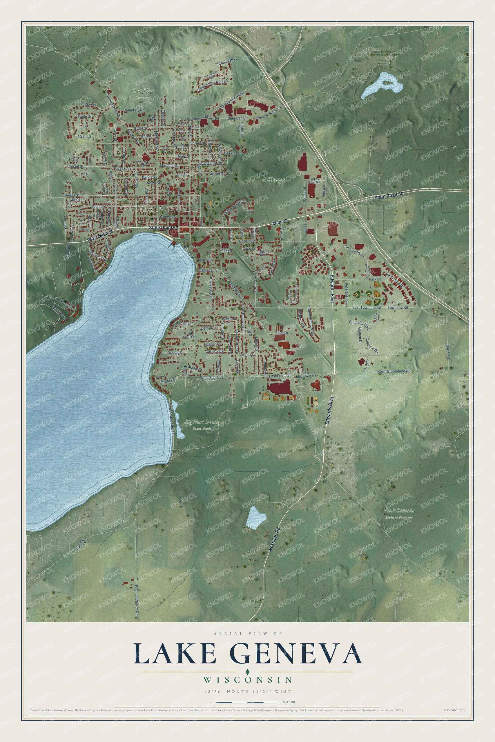 Full map of Lake Geneva, Wisconsin, with red buildings, printed street names and the land around them