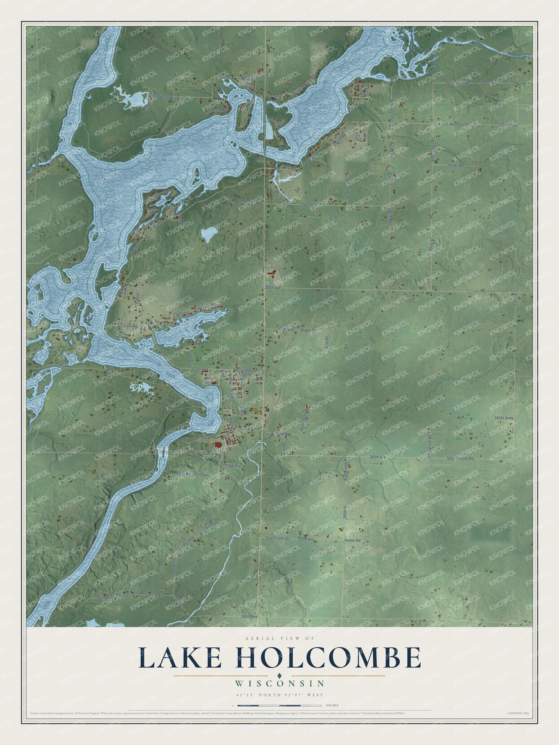 Full map of Lake Holcombe, Wisconsin, with red buildings, printed street names and the land around them
