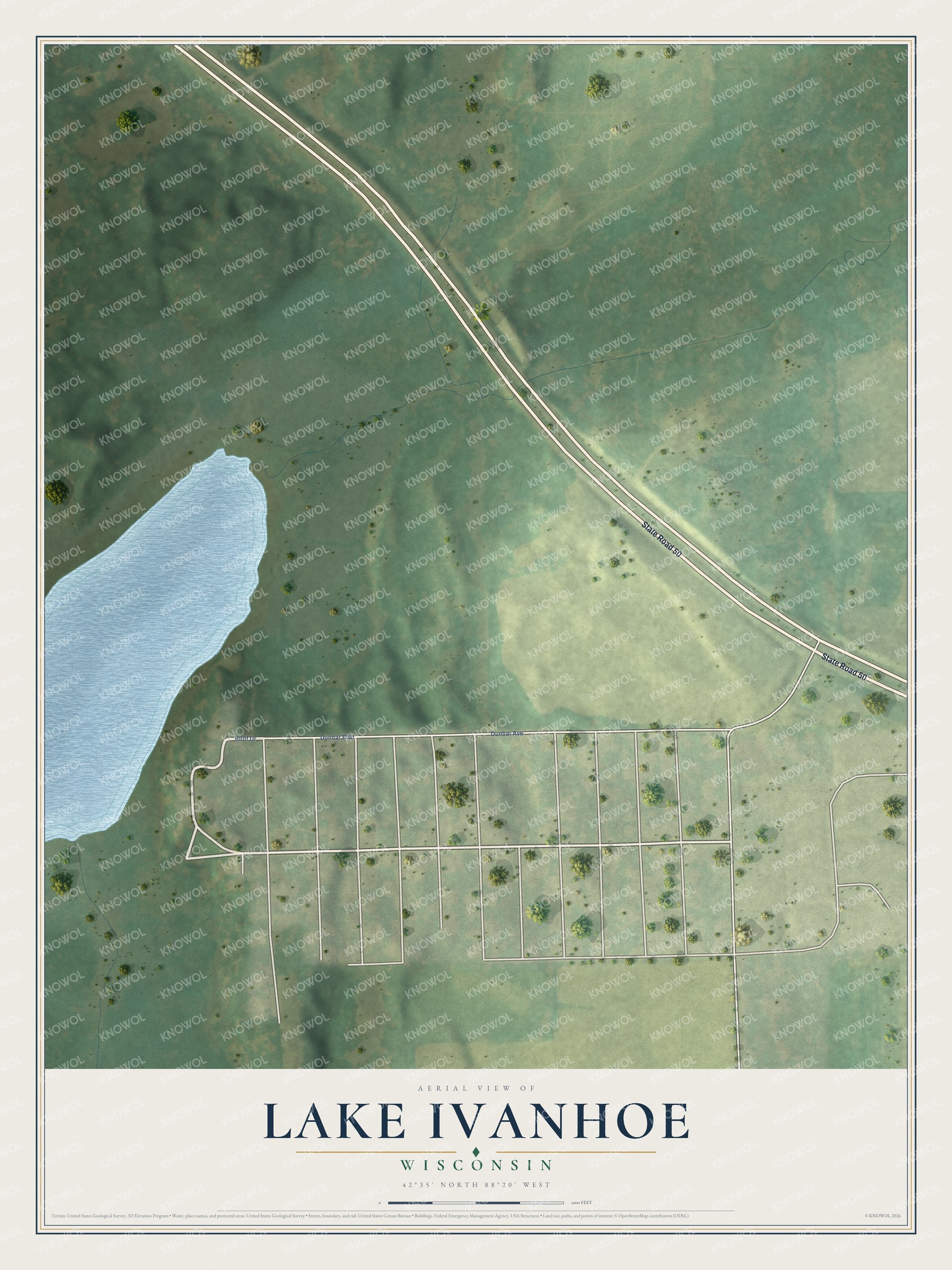 Full map of Lake Ivanhoe, Wisconsin, with red buildings, printed street names and the land around them