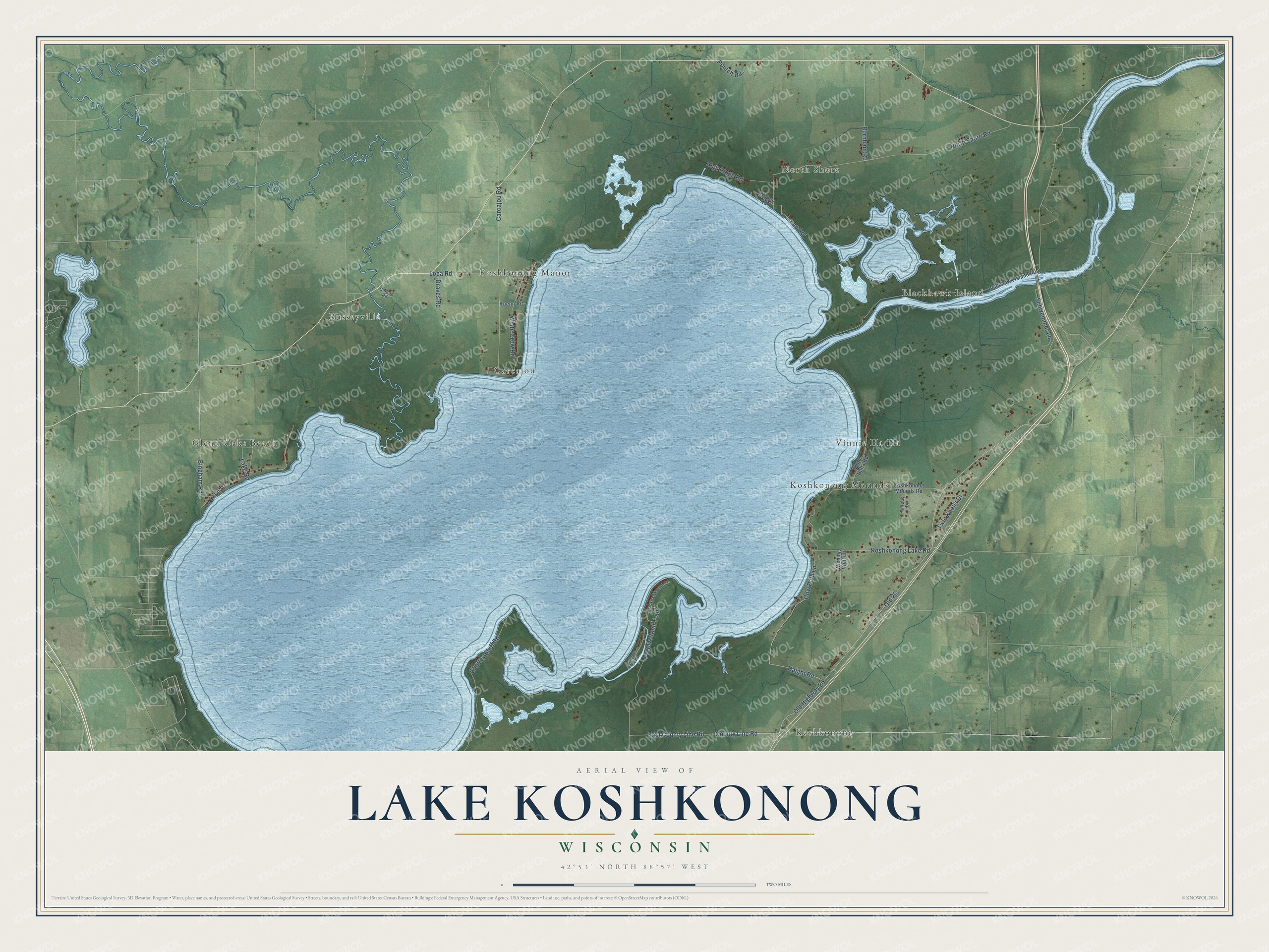 Full map of Lake Koshkonong, Wisconsin, with red buildings, printed street names and the land around them