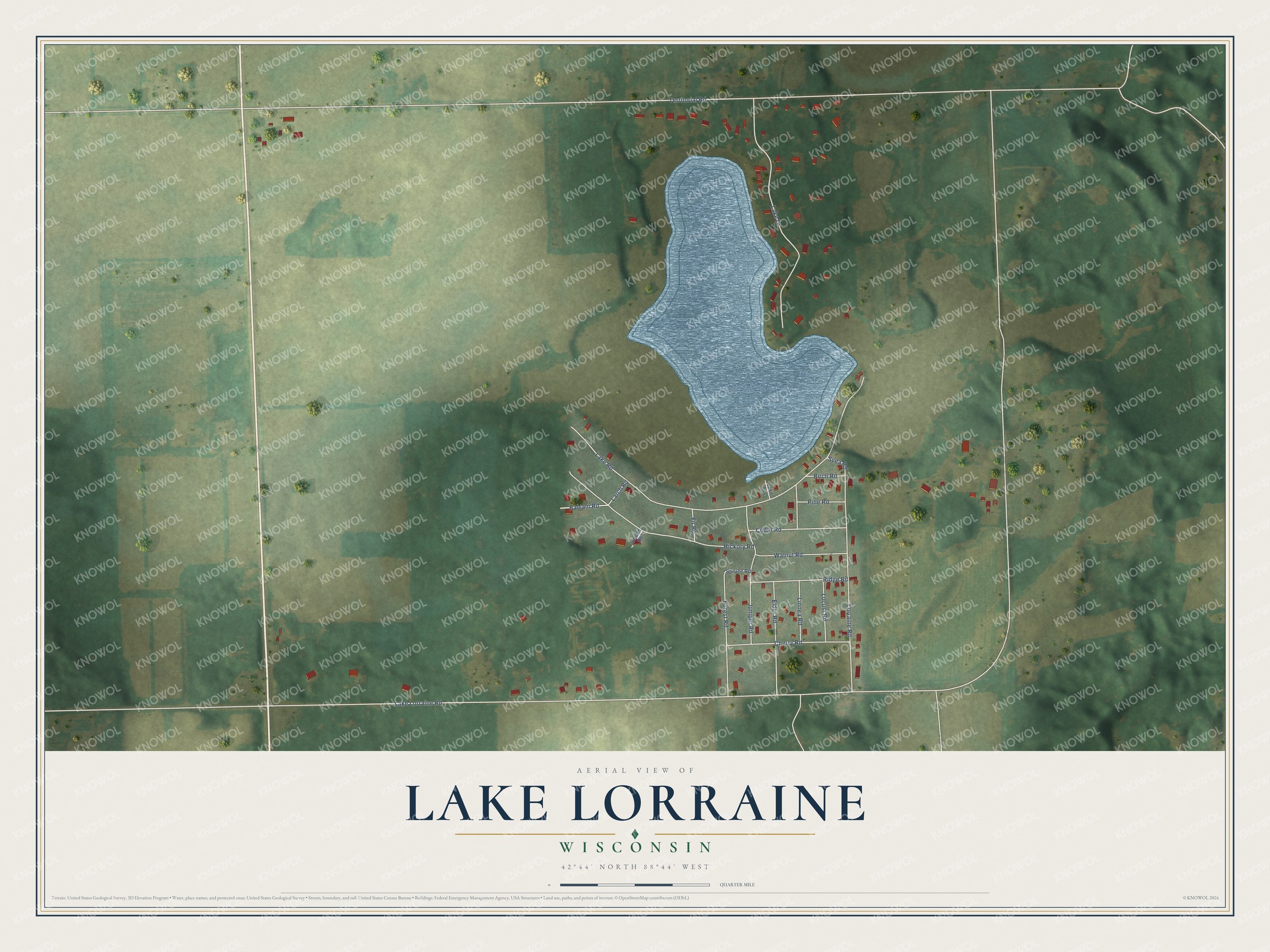 Full map of Lake Lorraine, Wisconsin, with red buildings, printed street names and the land around them