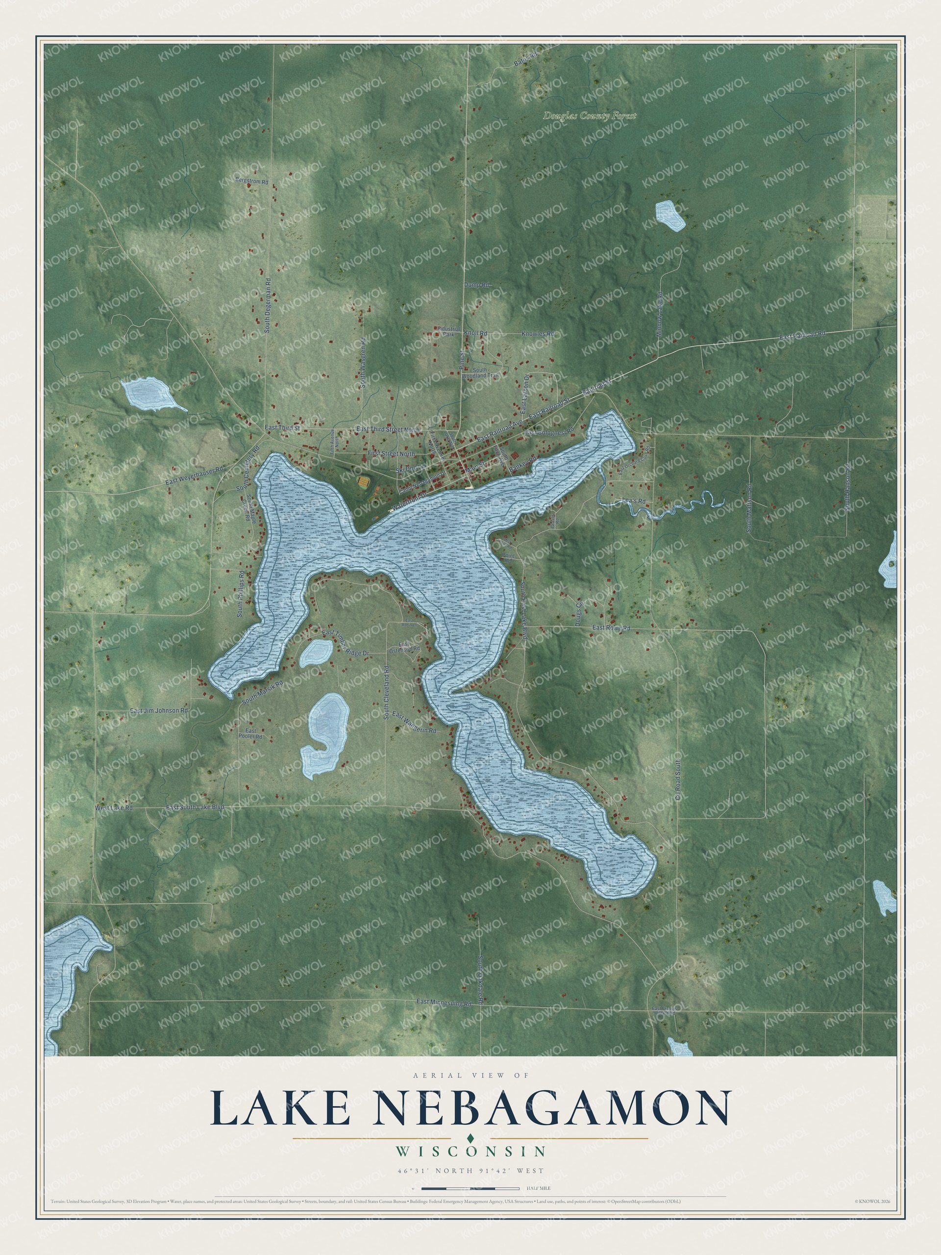 Full map of Lake Nebagamon, Wisconsin, with red buildings, printed street names and the land around them