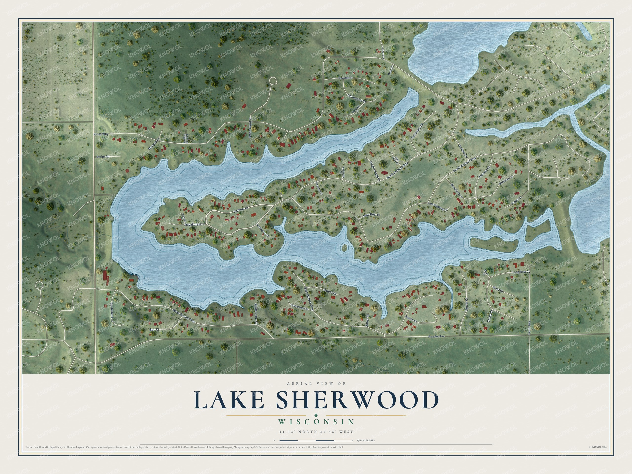 Full map of Lake Sherwood, Wisconsin, with red buildings, printed street names and the land around them