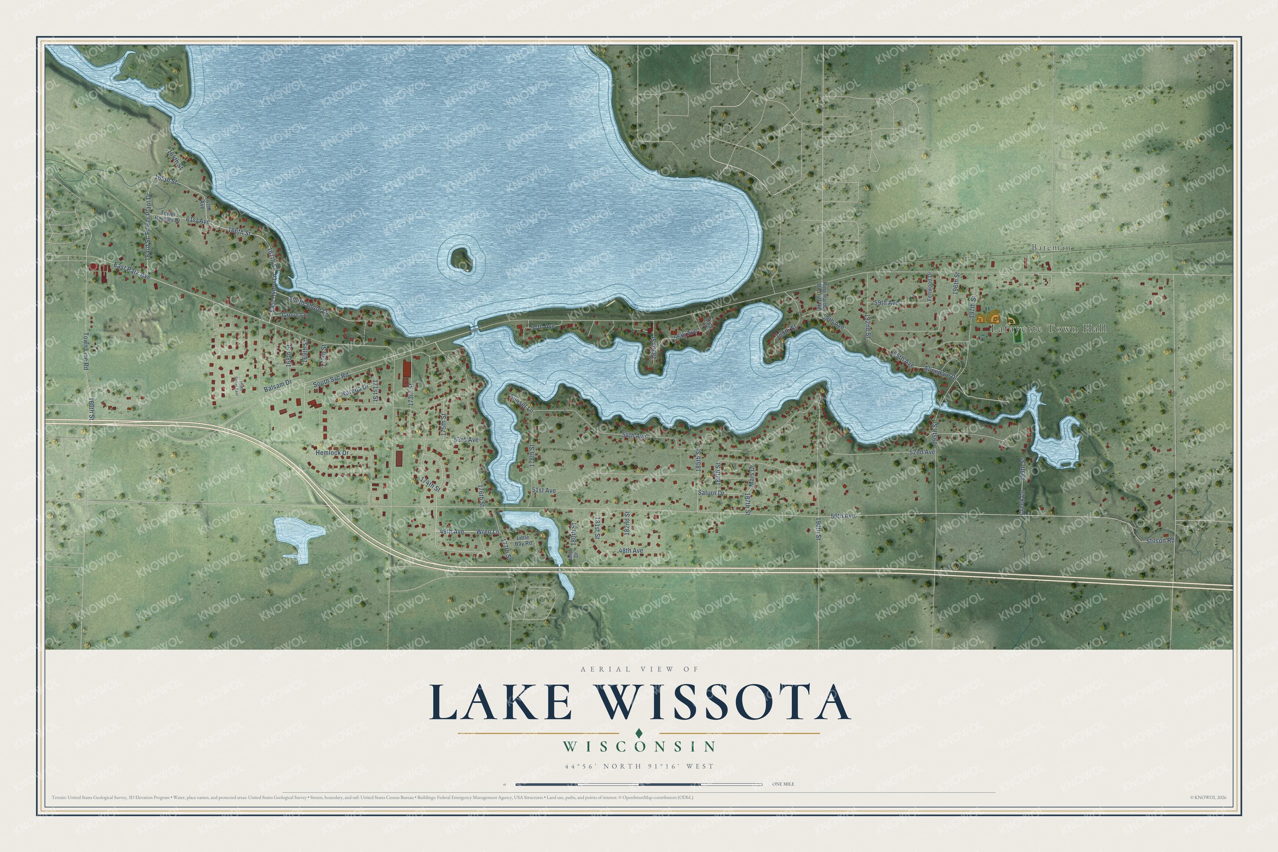 Full map of Lake Wissota, Wisconsin, with red buildings, printed street names and the land around them