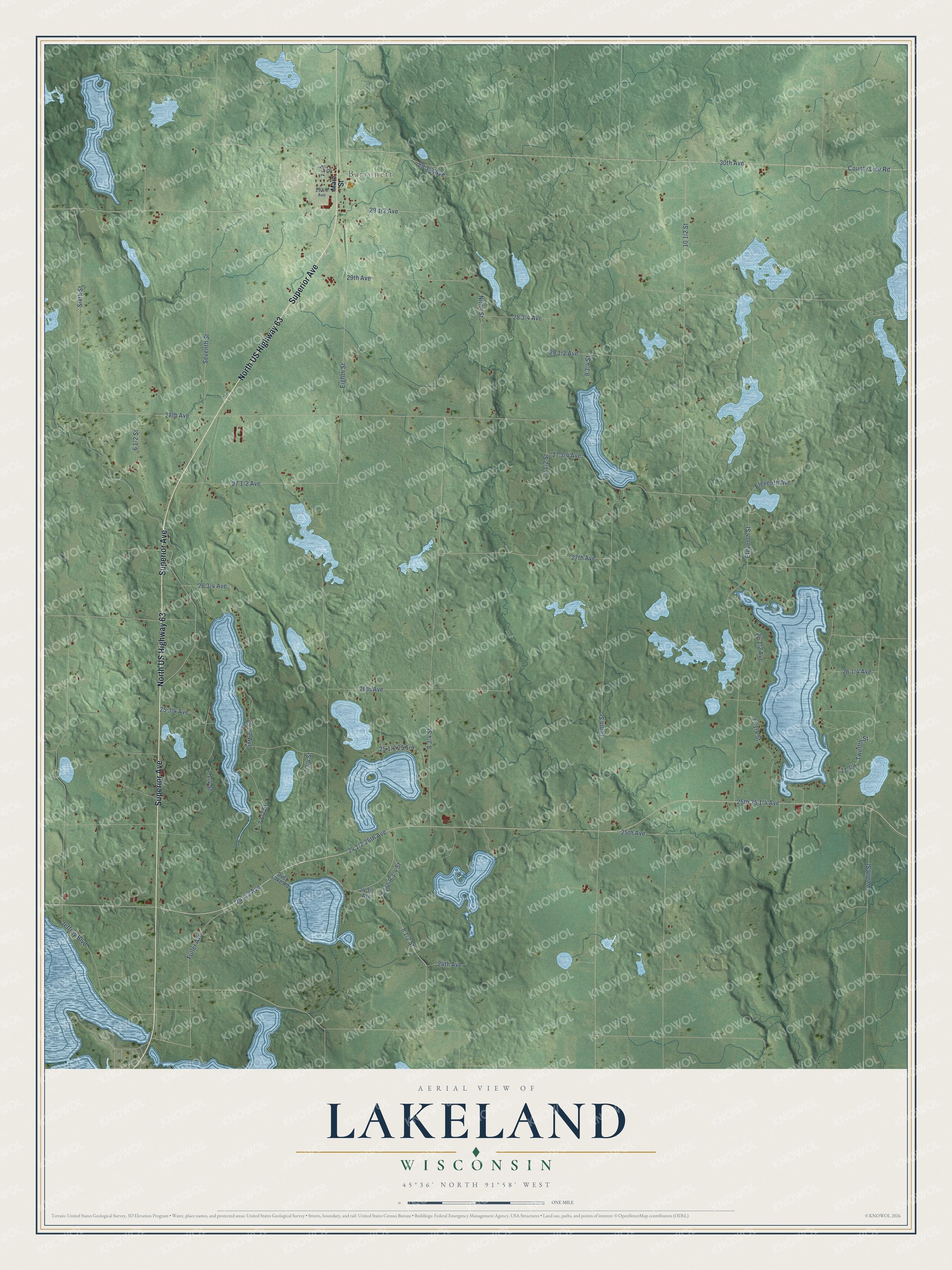 Full map of Lakeland, Wisconsin, with red buildings, printed street names and the land around them
