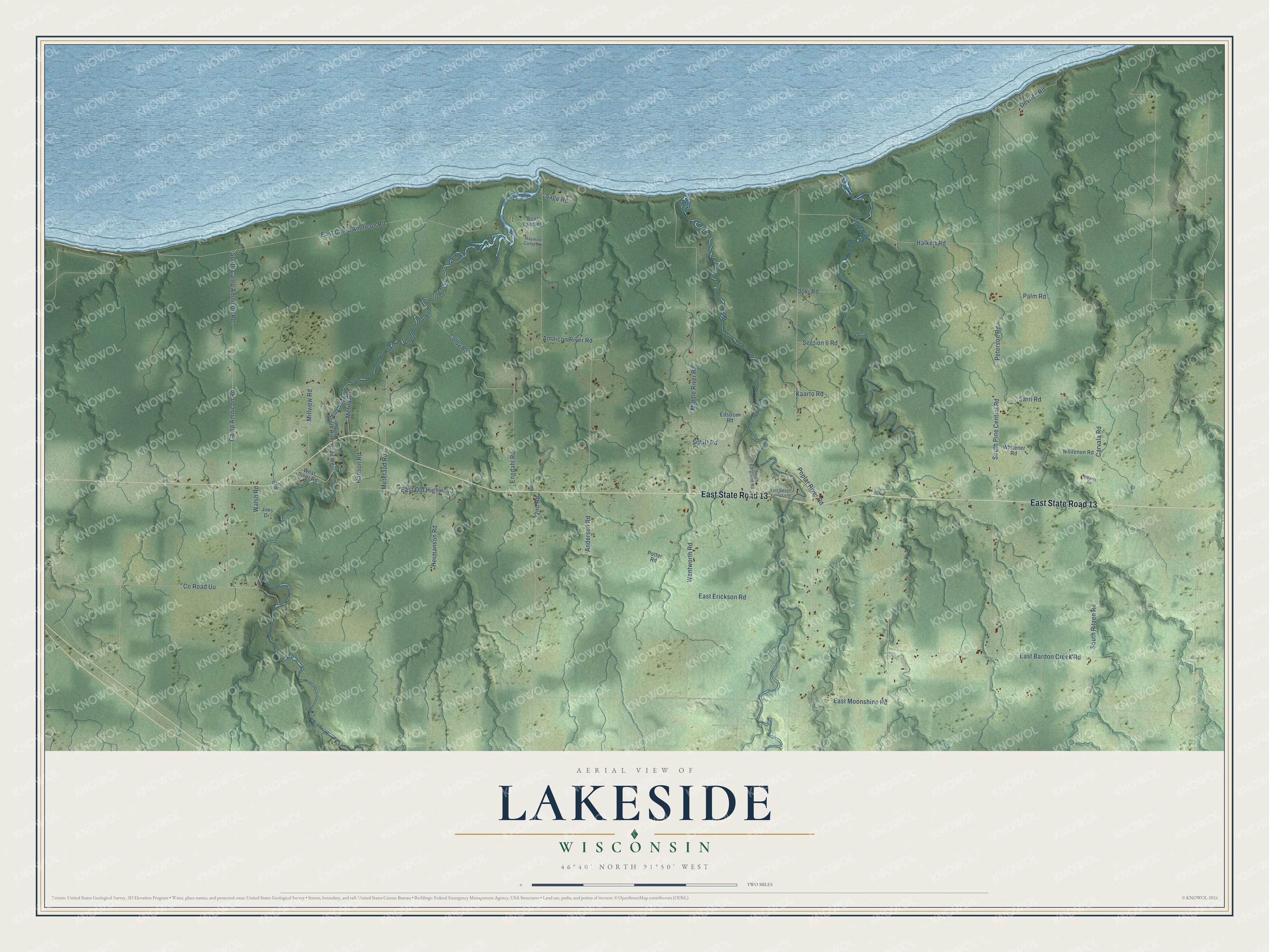 Full map of Lakeside, Wisconsin, with red buildings, printed street names and the land around them
